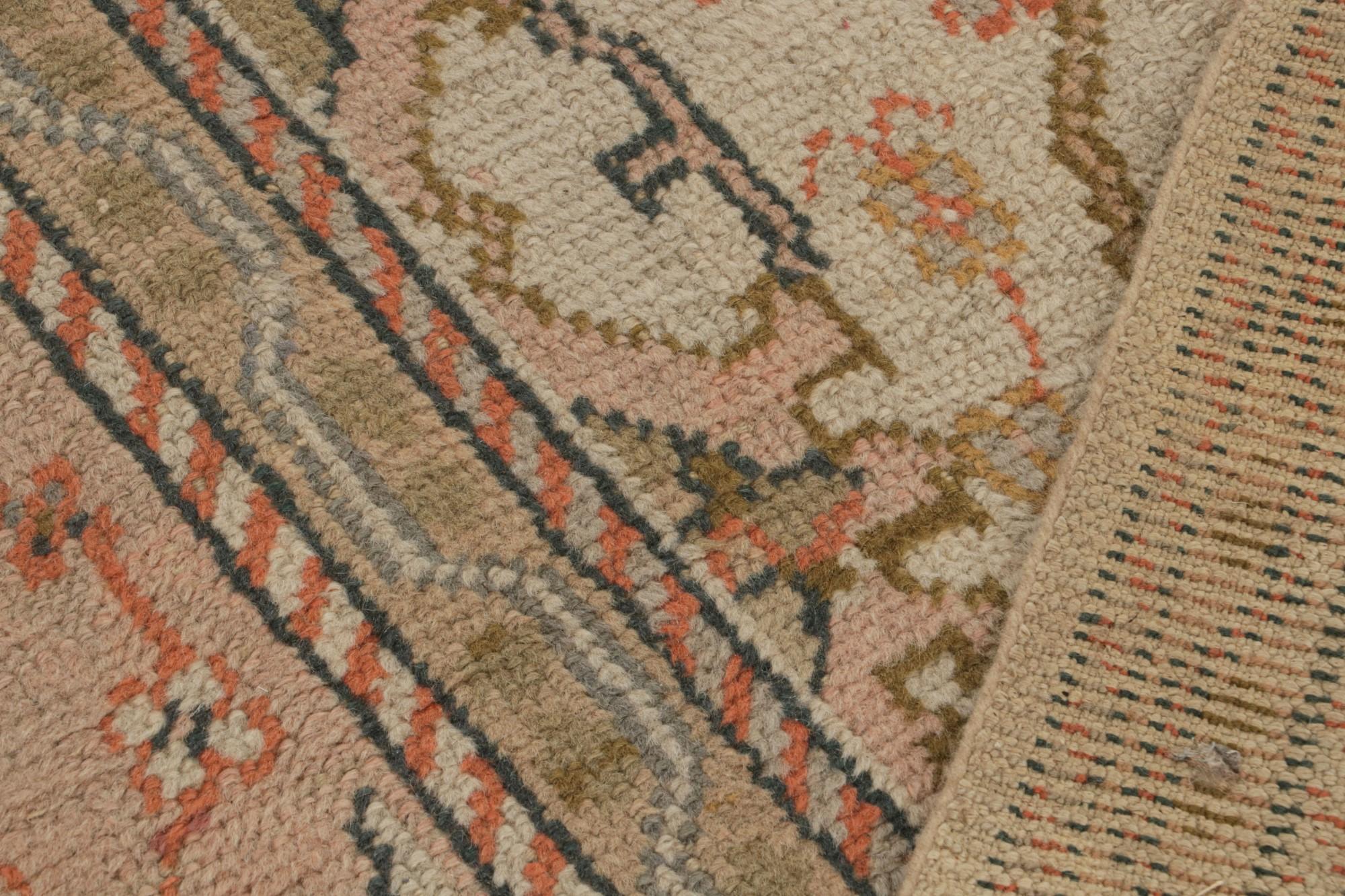 Wool Antique Oushak Rug in Beige and Pink with Floral Patterns, from Rug & Kilim For Sale