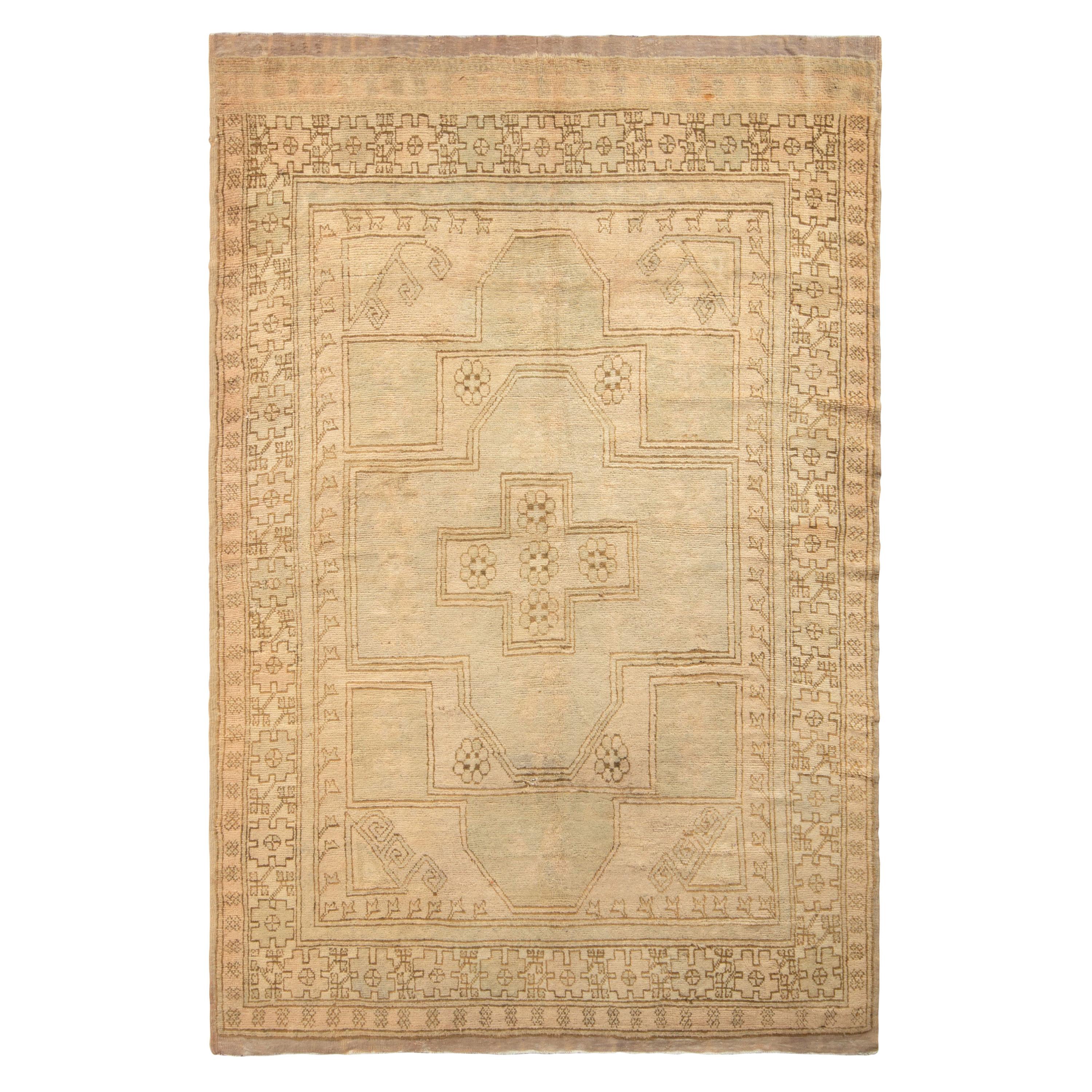 Antique Tribal Oushak Rug in Gold, Pink Floral Medallion Pattern by Rug