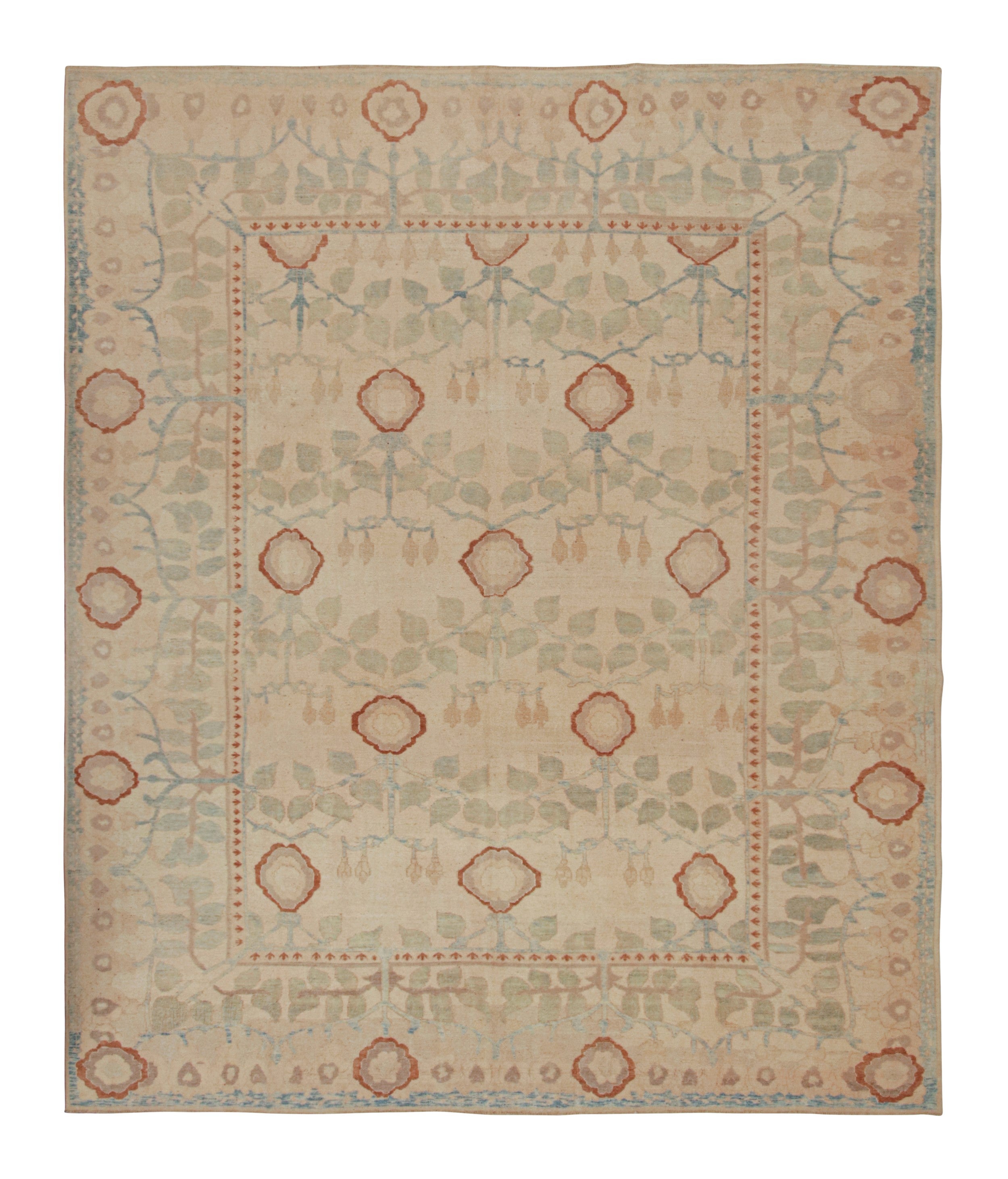 Antique Oushak Rug in Beige with Green and Blue Floral Patterns from Rug & Kilim