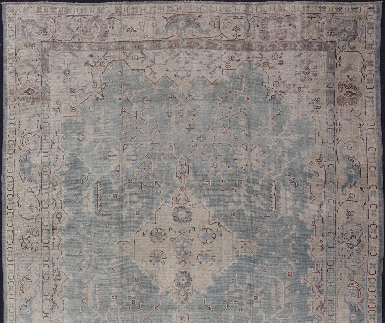 Turkish Antique Oushak Rug in Light Gray-Blue by Keivan Woven Arts 10'9 x 14'2 For Sale