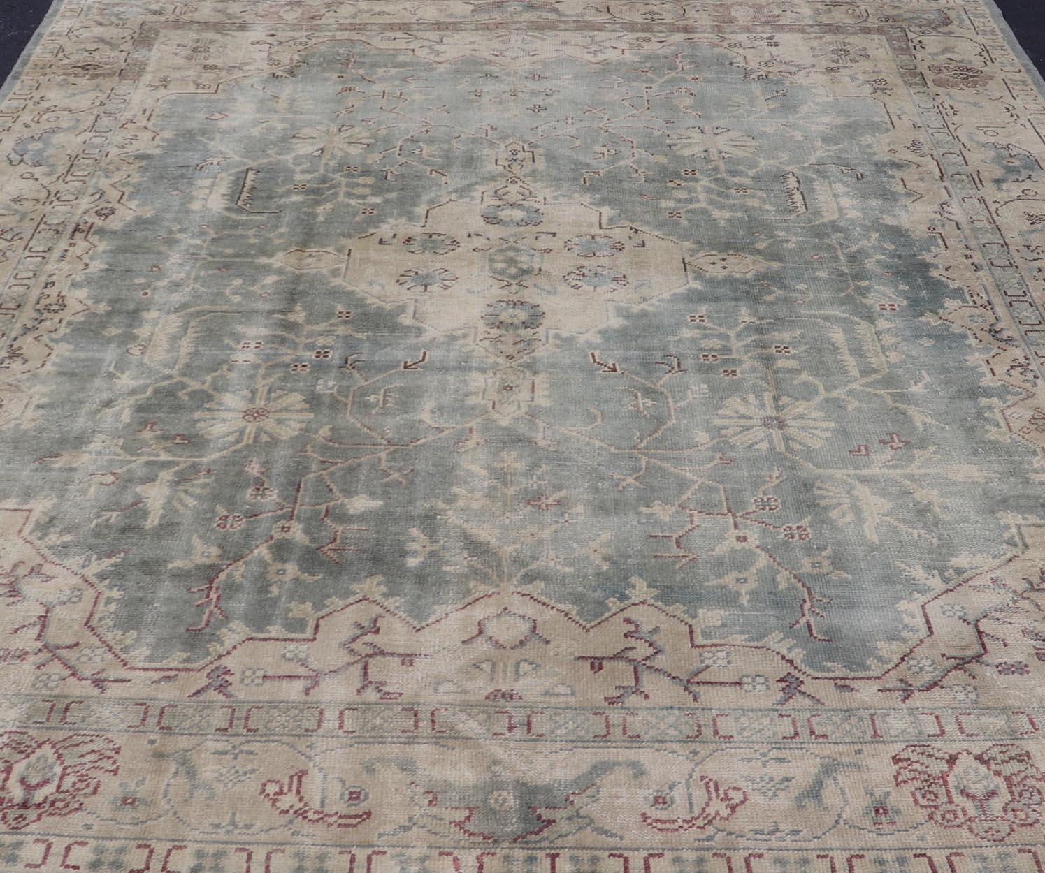 Hand-Knotted Antique Oushak Rug in Light Gray-Blue by Keivan Woven Arts 10'9 x 14'2 For Sale