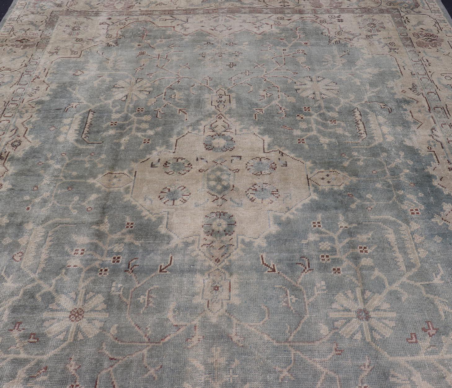 Antique Oushak Rug in Light Gray-Blue by Keivan Woven Arts 10'9 x 14'2 In Good Condition For Sale In Atlanta, GA