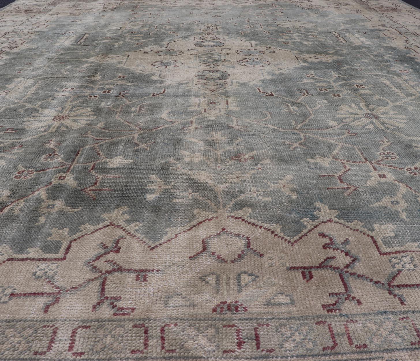 Early 20th Century Antique Oushak Rug in Light Gray-Blue by Keivan Woven Arts 10'9 x 14'2 For Sale