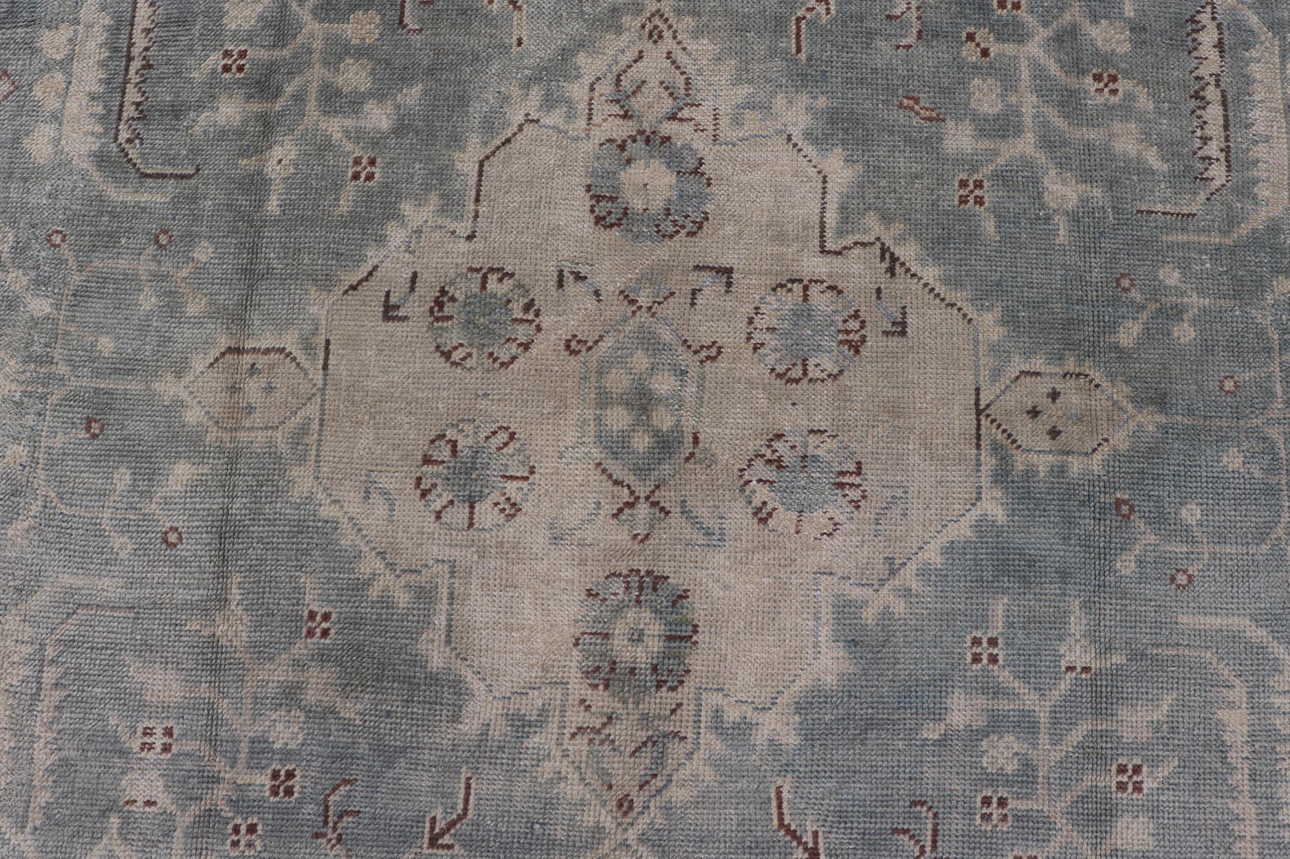 Wool Antique Oushak Rug in Light Gray-Blue by Keivan Woven Arts 10'9 x 14'2 For Sale
