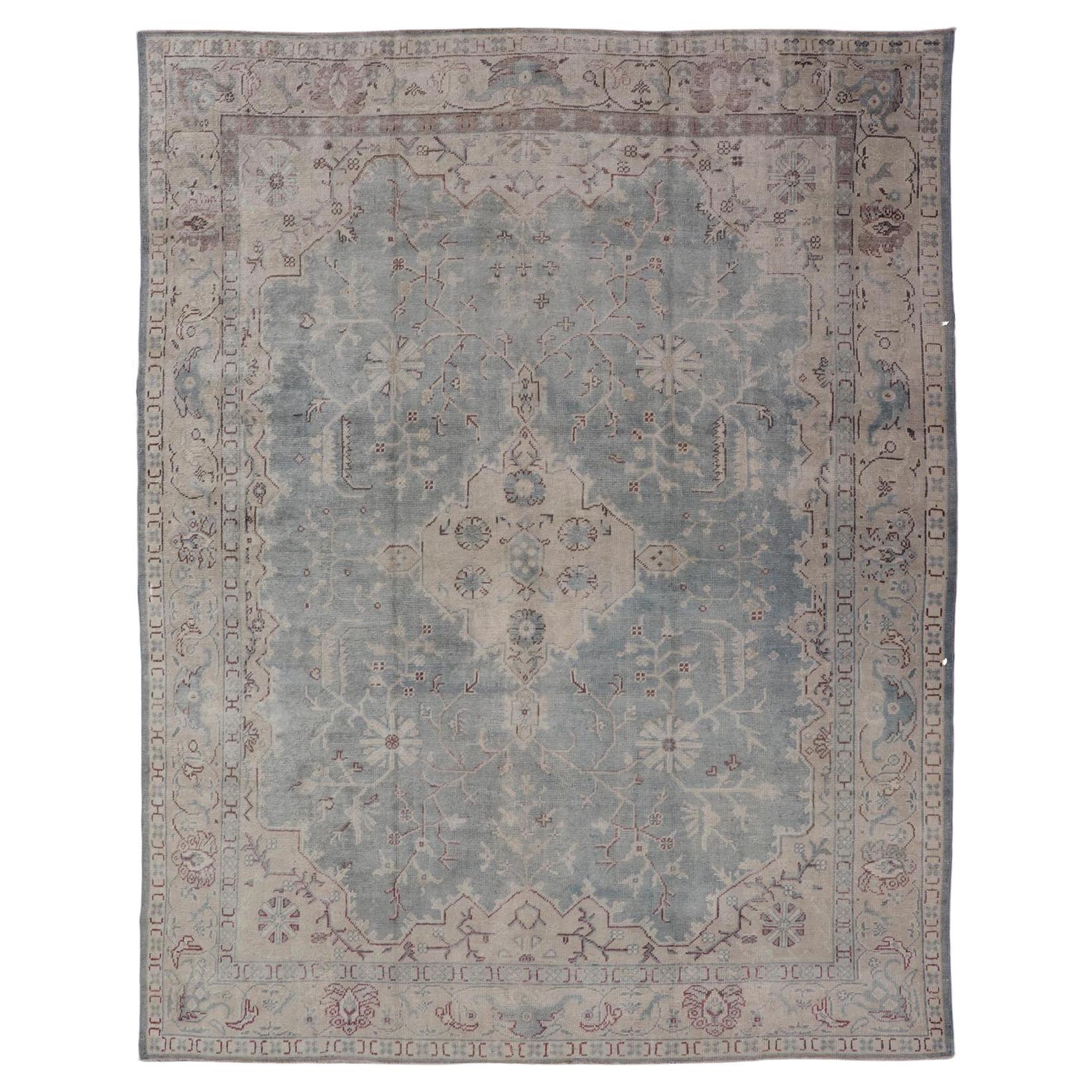 Antique Oushak Rug in Light Gray-Blue by Keivan Woven Arts 10'9 x 14'2 For Sale