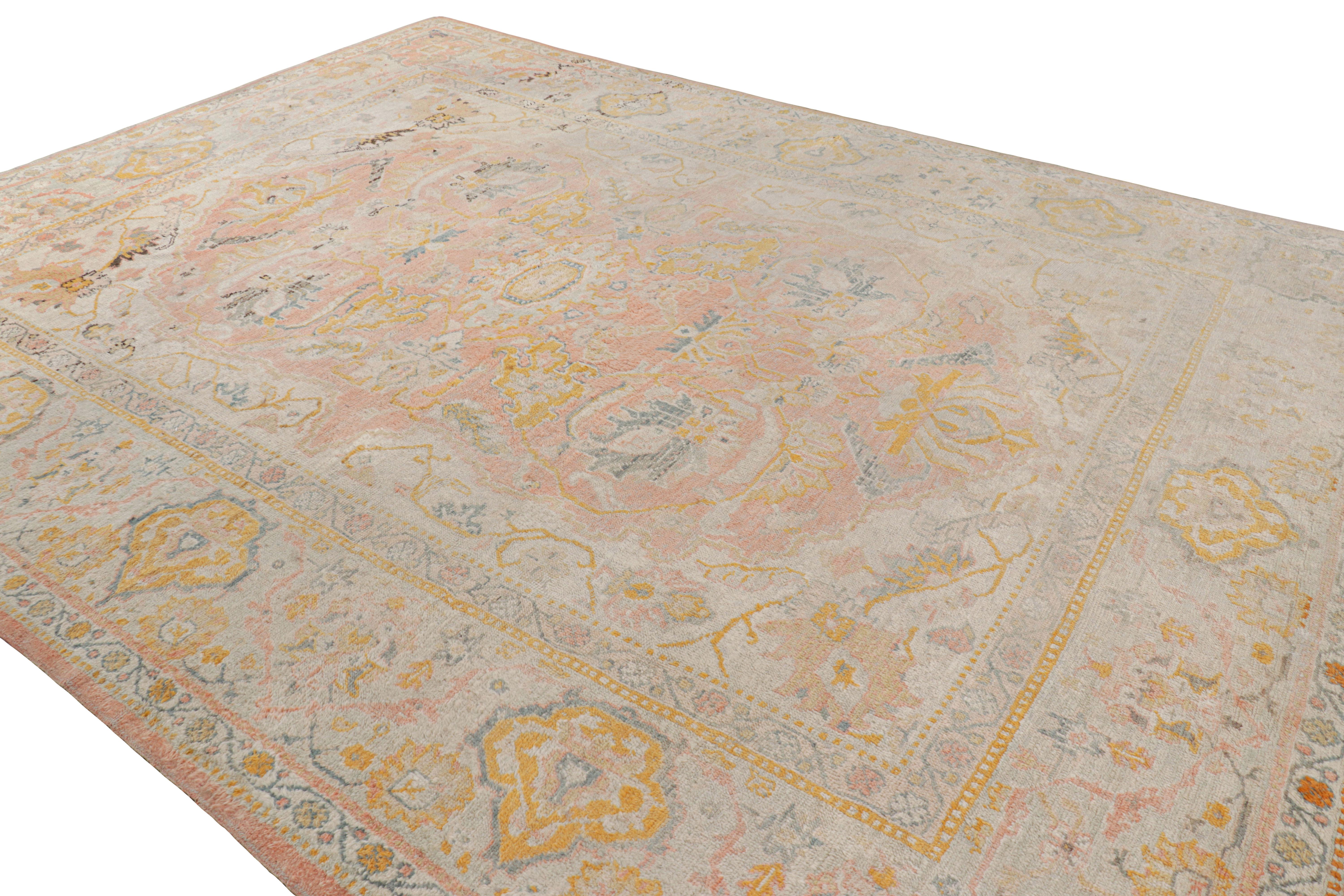 Antique Oushak Rug in Pink with Blue and Gold Floral Patterns In Good Condition For Sale In Long Island City, NY