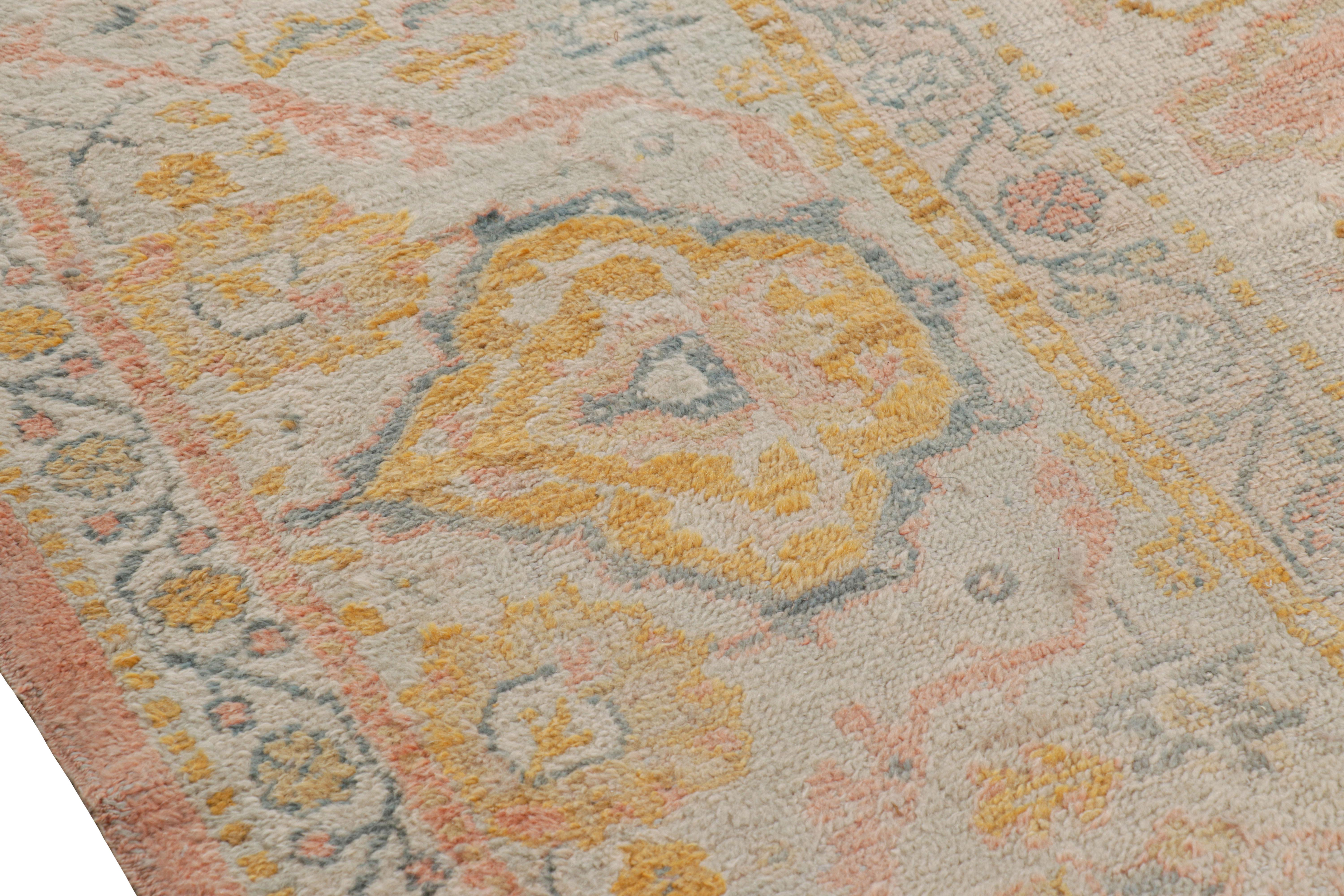 Antique Oushak Rug in Pink with Blue and Gold Floral Patterns For Sale 1
