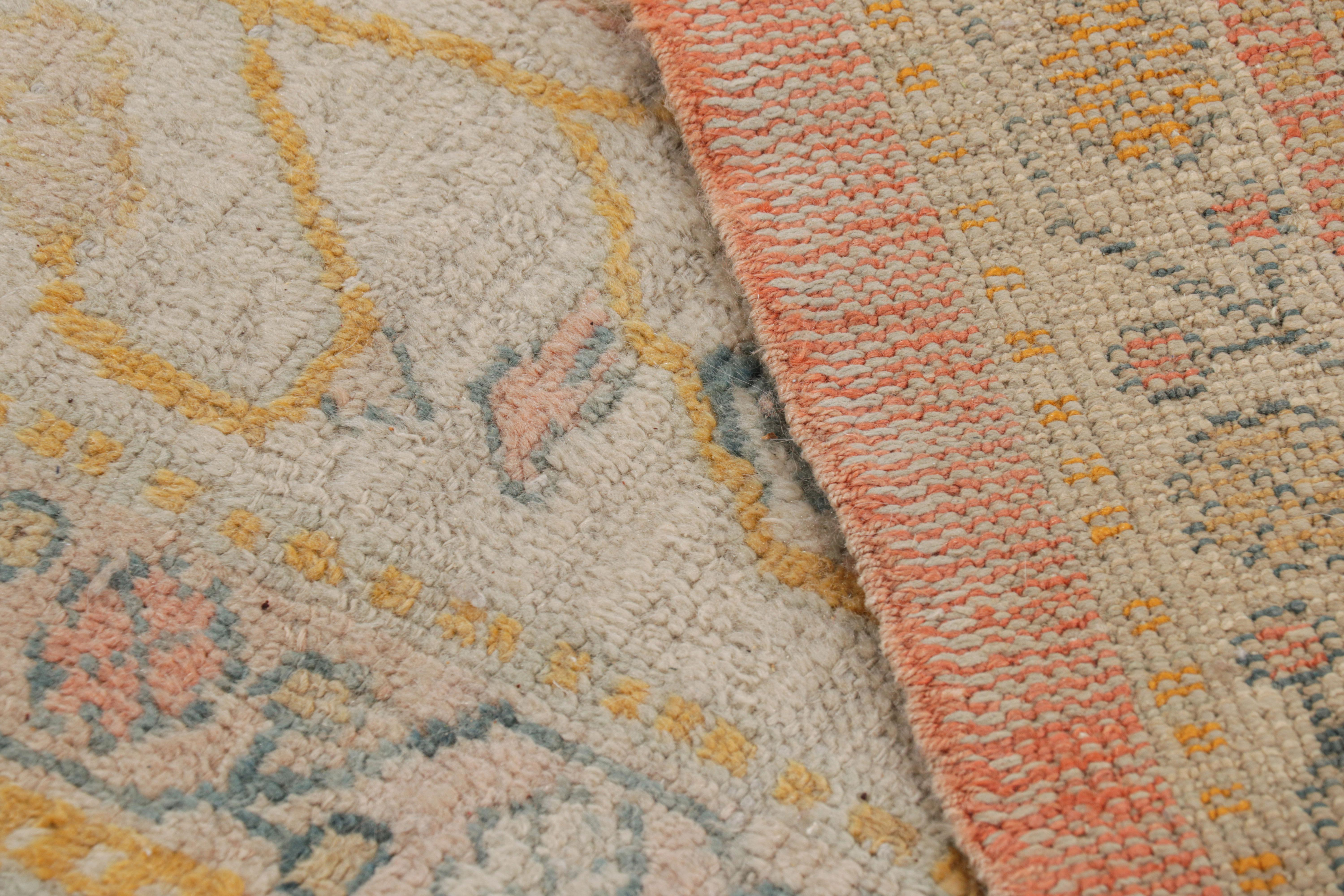 Antique Oushak Rug in Pink with Blue and Gold Floral Patterns For Sale 2