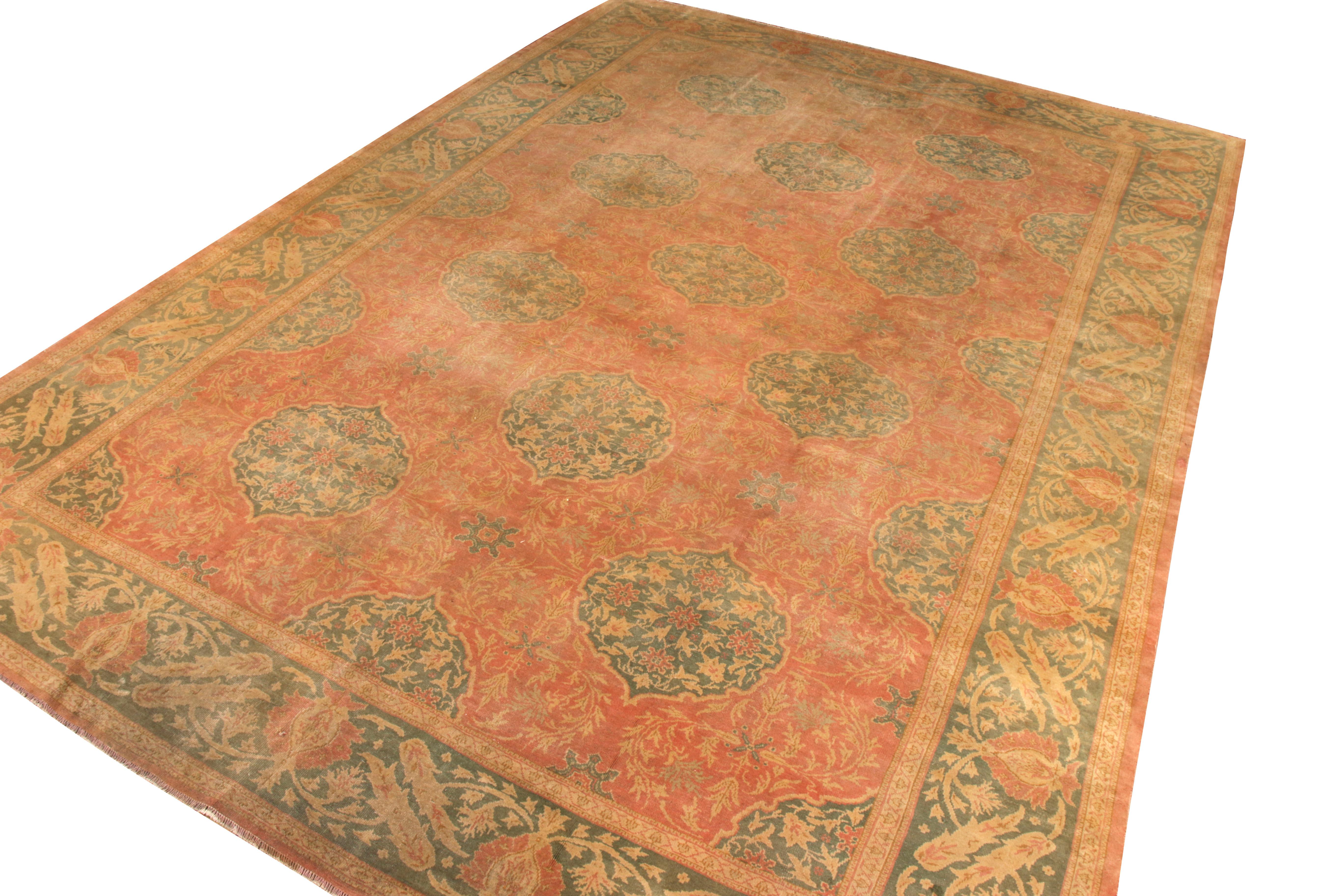 Turkish Antique Oushak Rug in Red and Green All Over Floral Pattern For Sale