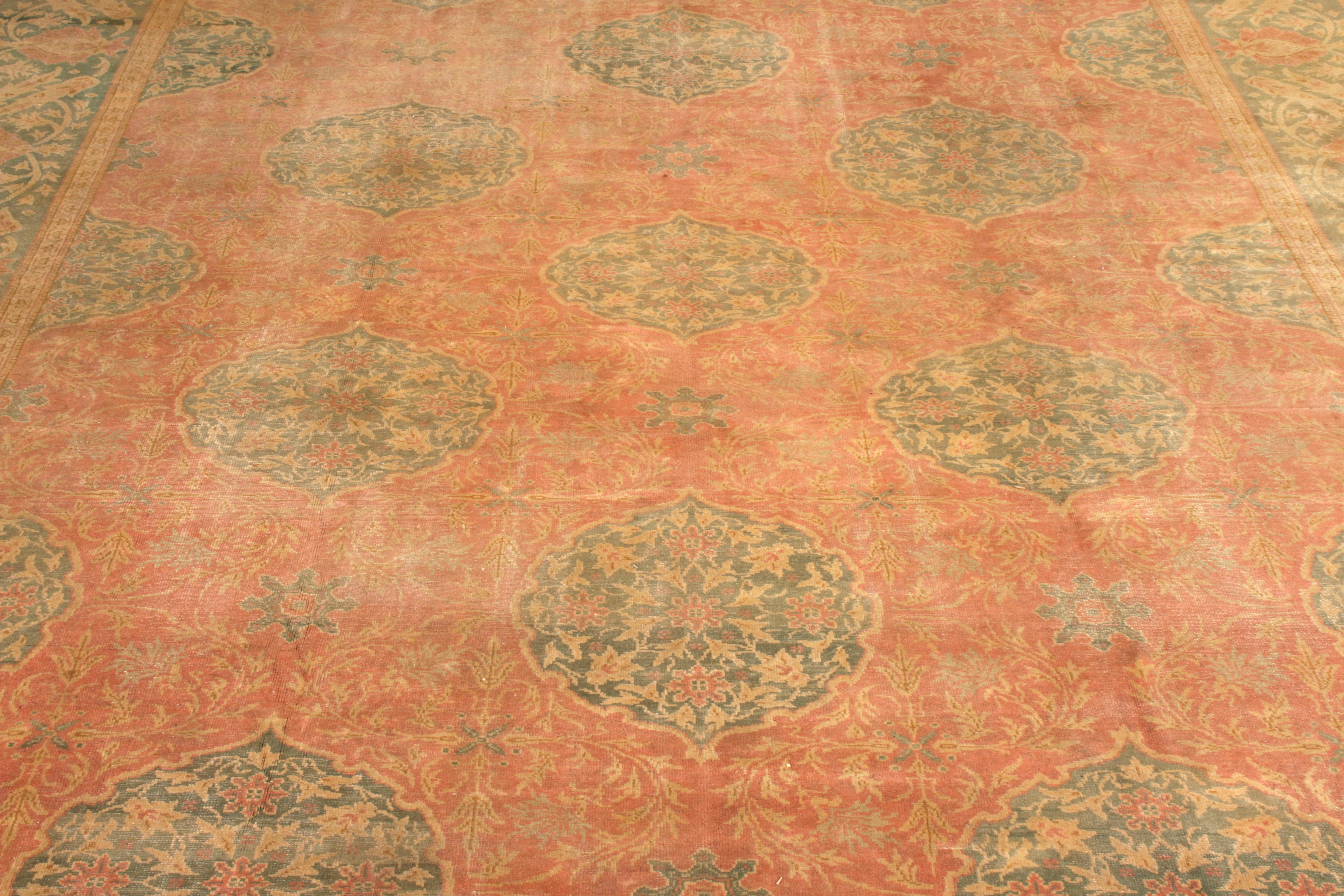 Hand-Knotted Antique Oushak Rug in Red and Green All Over Floral Pattern For Sale