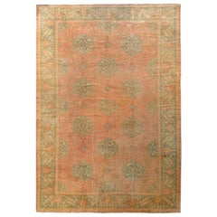 Antique Oushak Rug in Red and Green All Over Floral Pattern