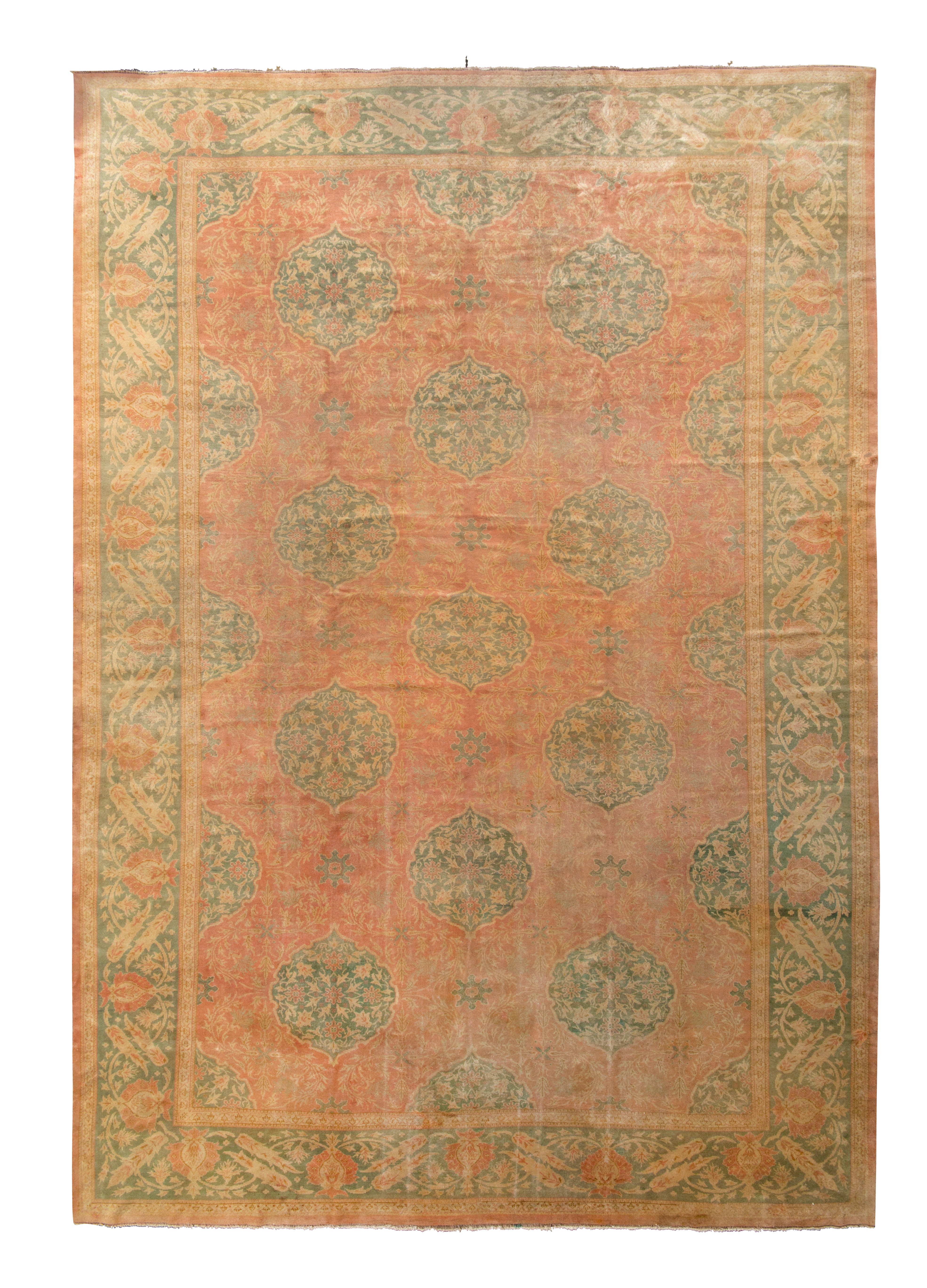 Antique Oushak Rug in Red and Green All Over Floral Pattern
