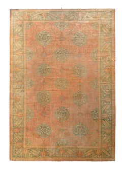 Antique Oushak Rug in Red and Green All Over Floral Pattern