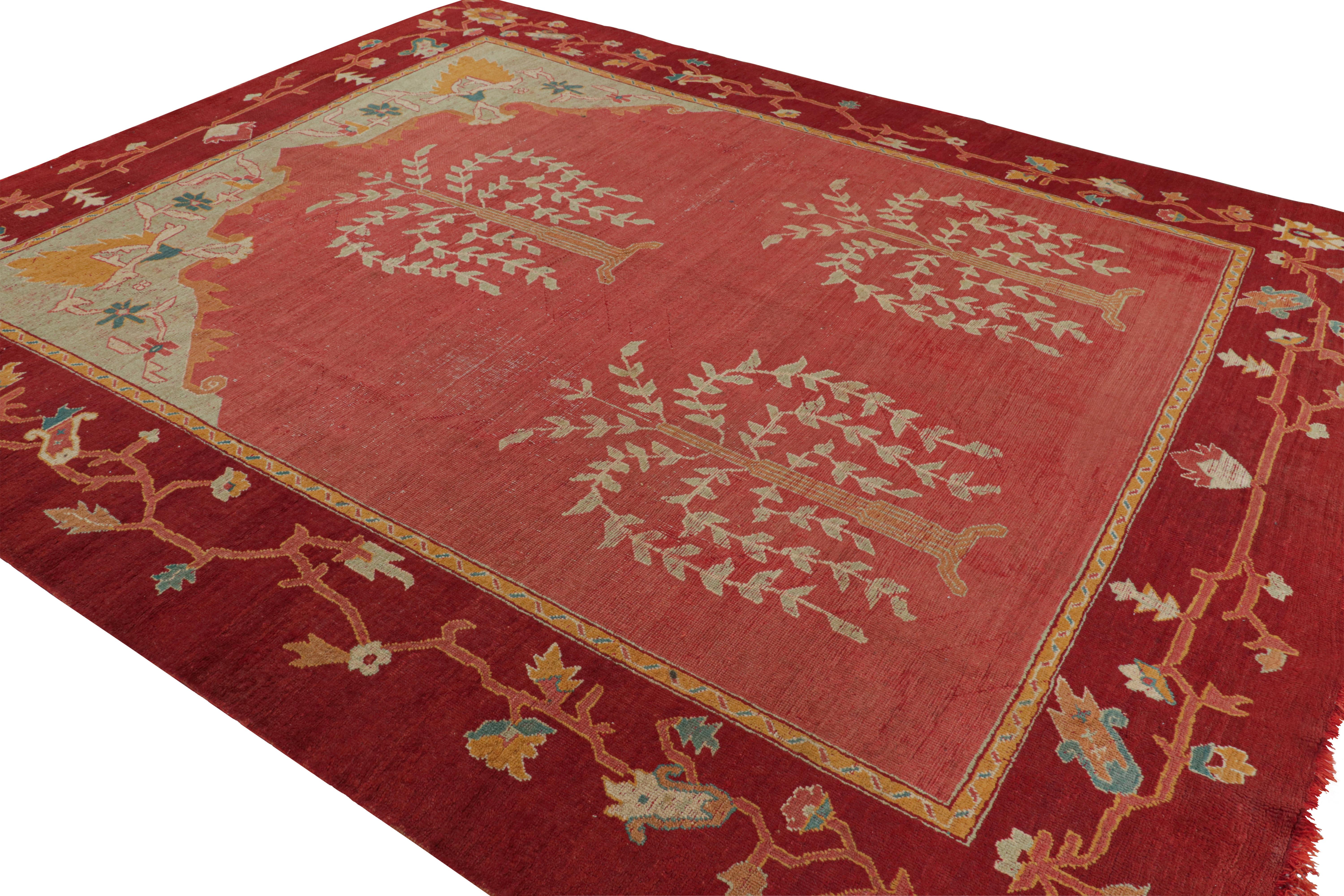 Hand-Knotted Antique Oushak Rug in Red with Floral Medallions For Sale