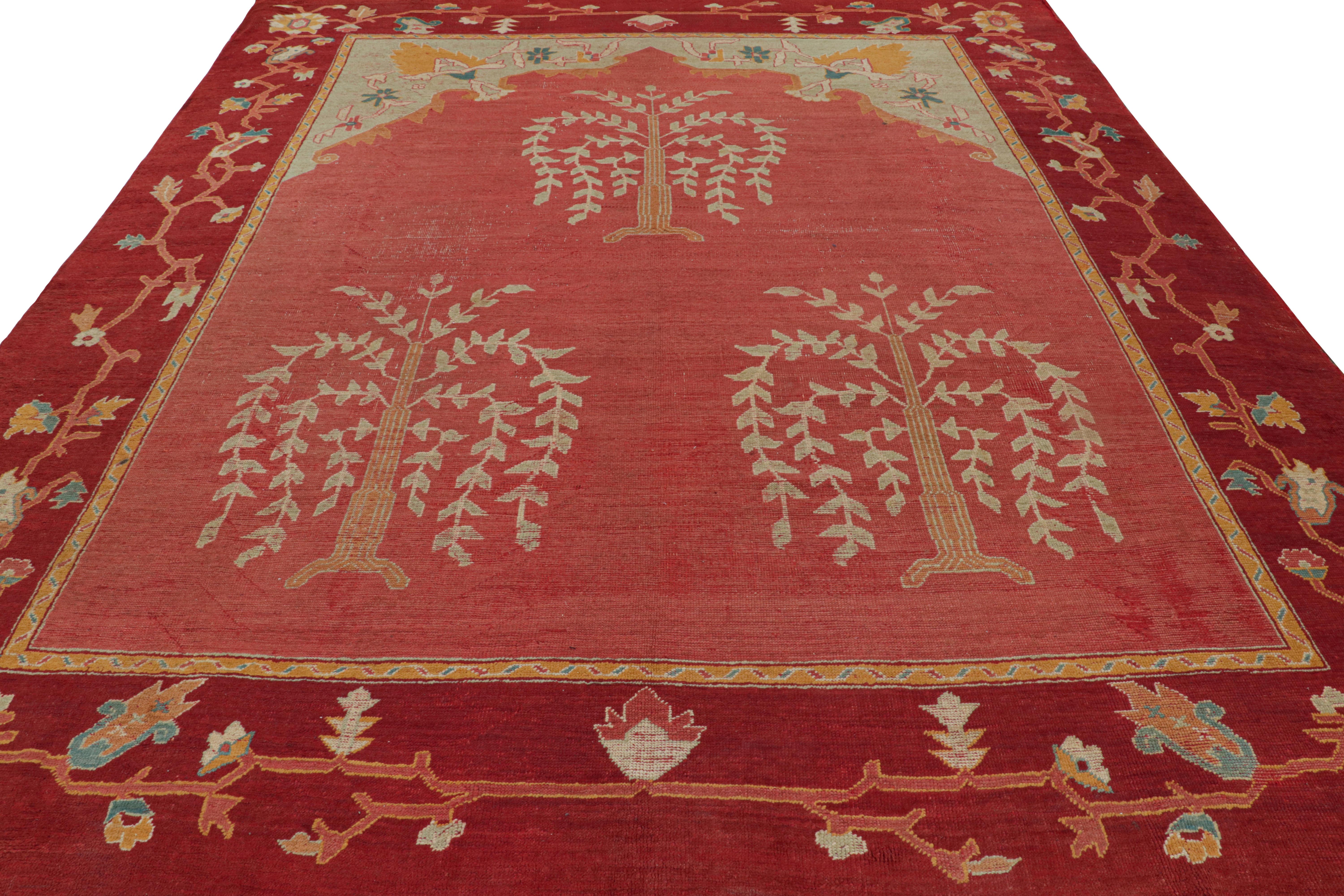 Antique Oushak Rug in Red with Floral Medallions In Good Condition For Sale In Long Island City, NY