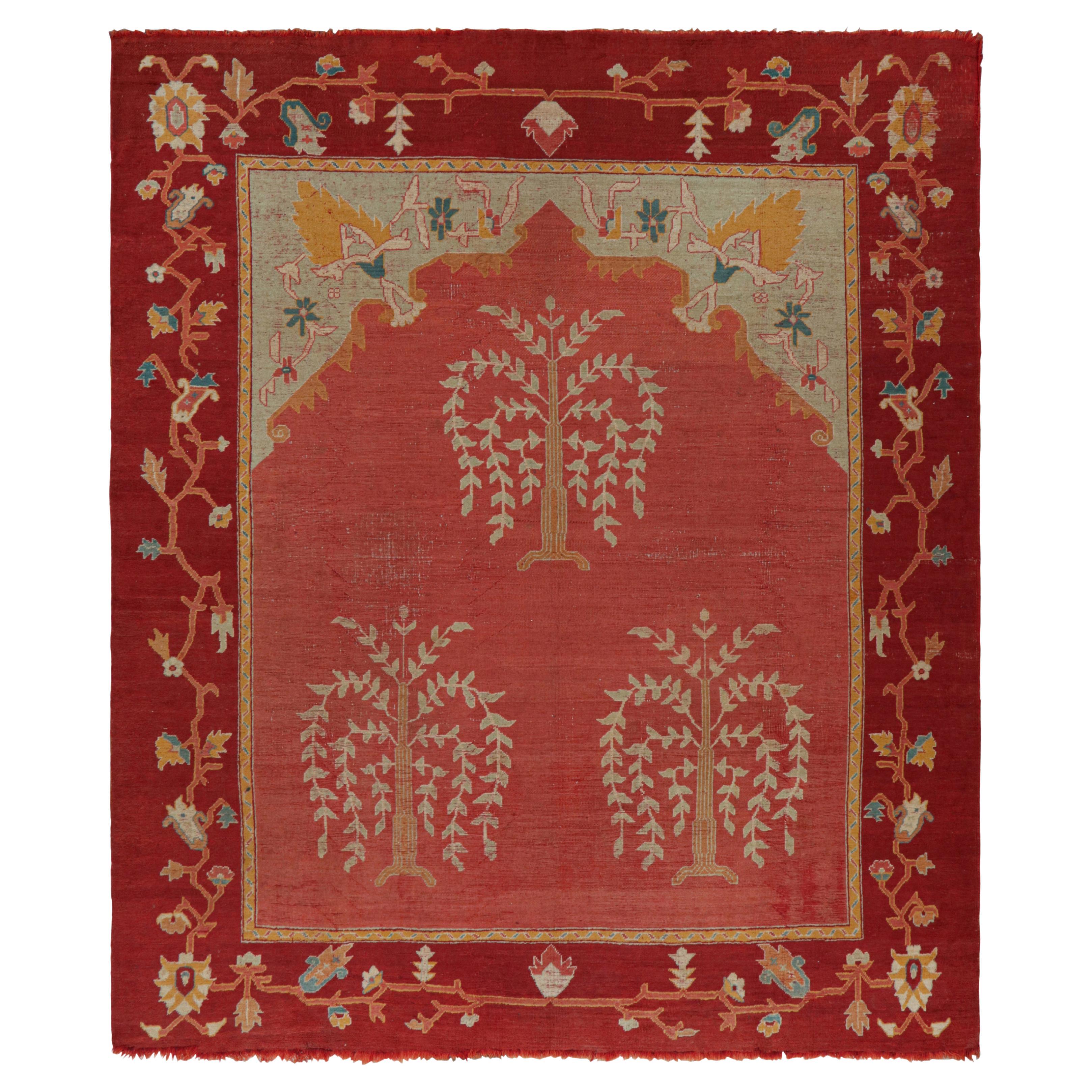 Antique Oushak Rug in Red with Floral Medallions