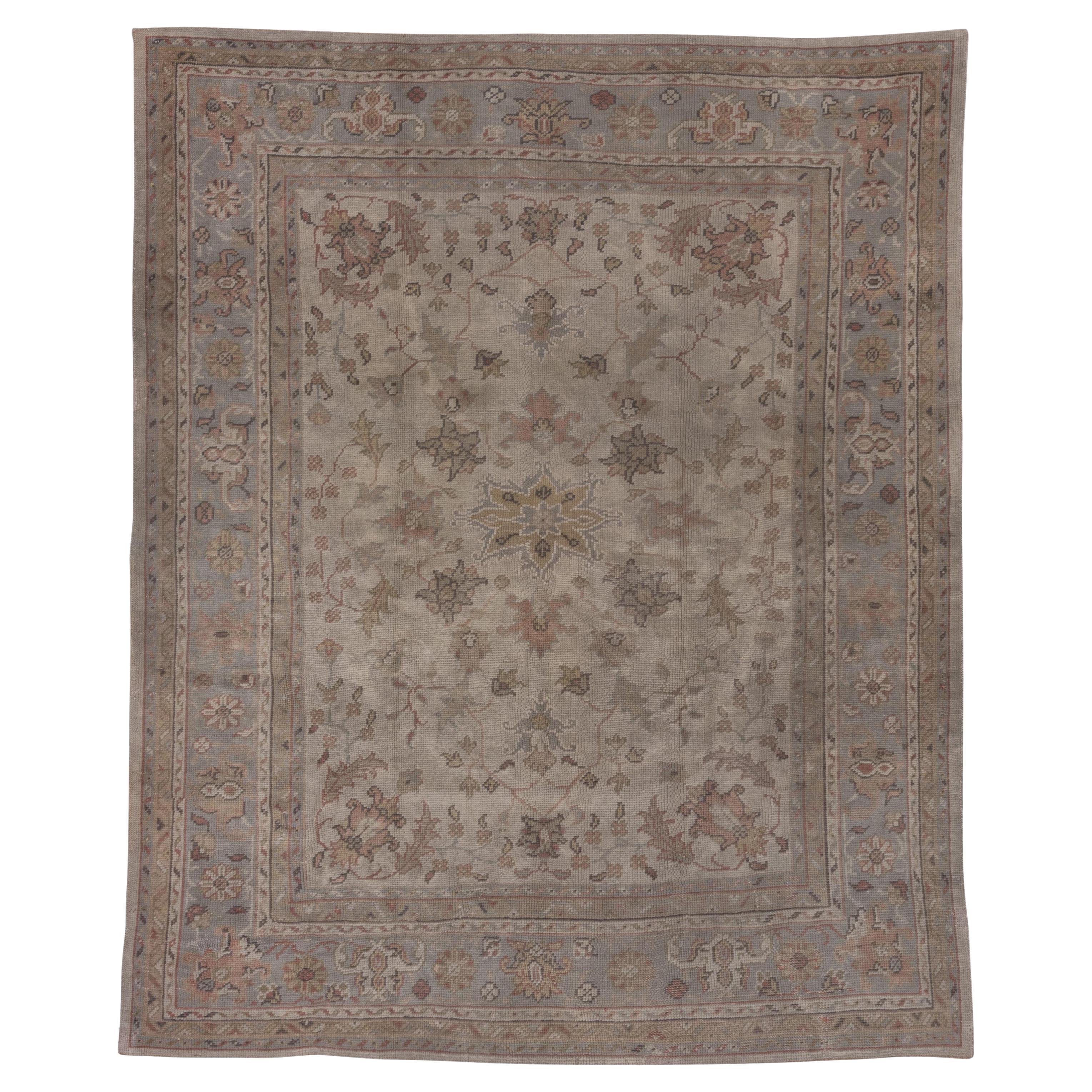 Antique Oushak Rug, Ivory Field, circa 1920s For Sale