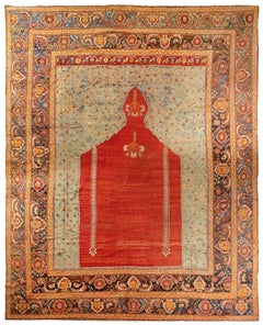 Antique Oushak Rug, Mihrab Motif in Coral and Aqua - Rug & Kilim