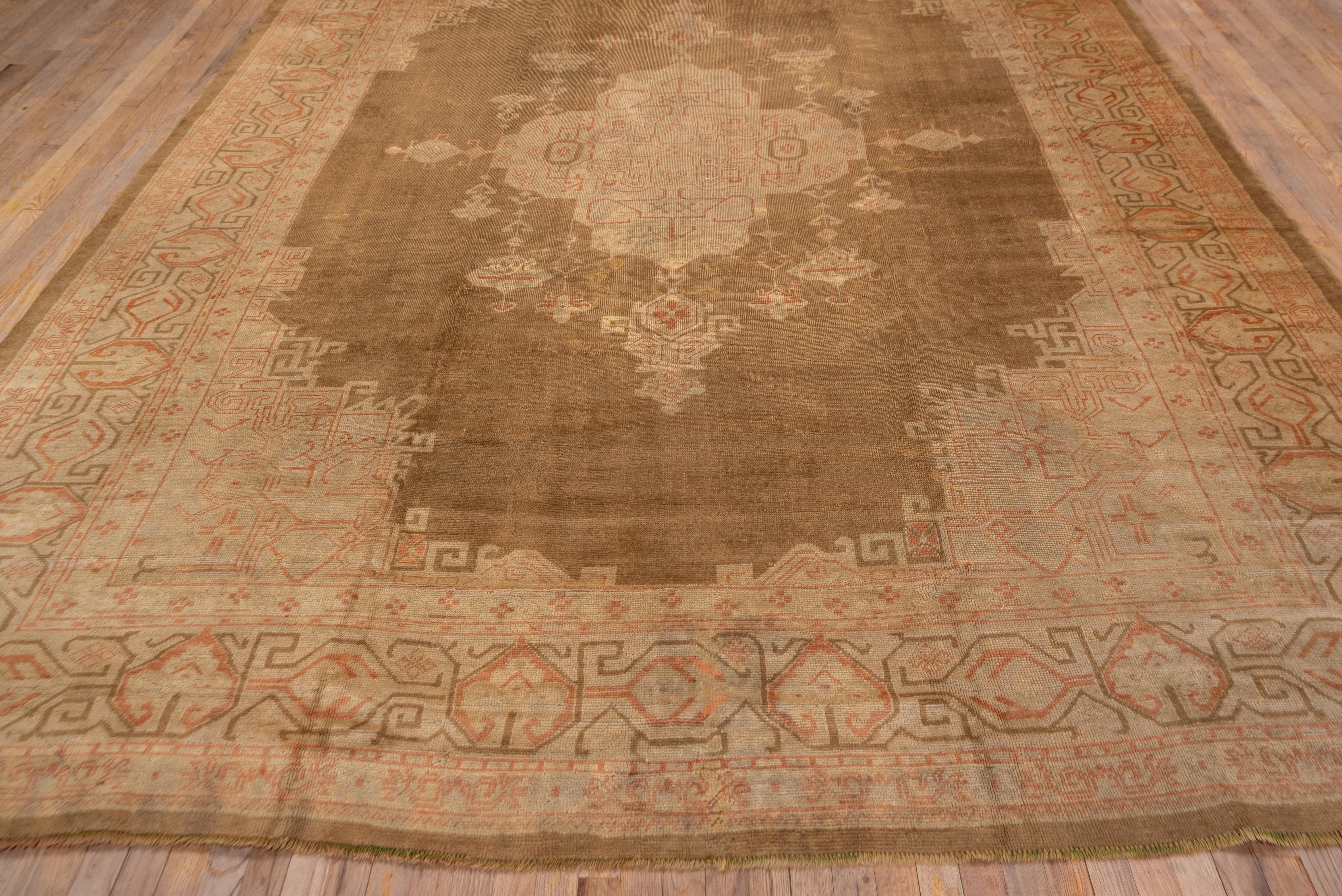 Hand-Knotted Antique Oushak Rug, Olive Brown Field, Orange Accents For Sale