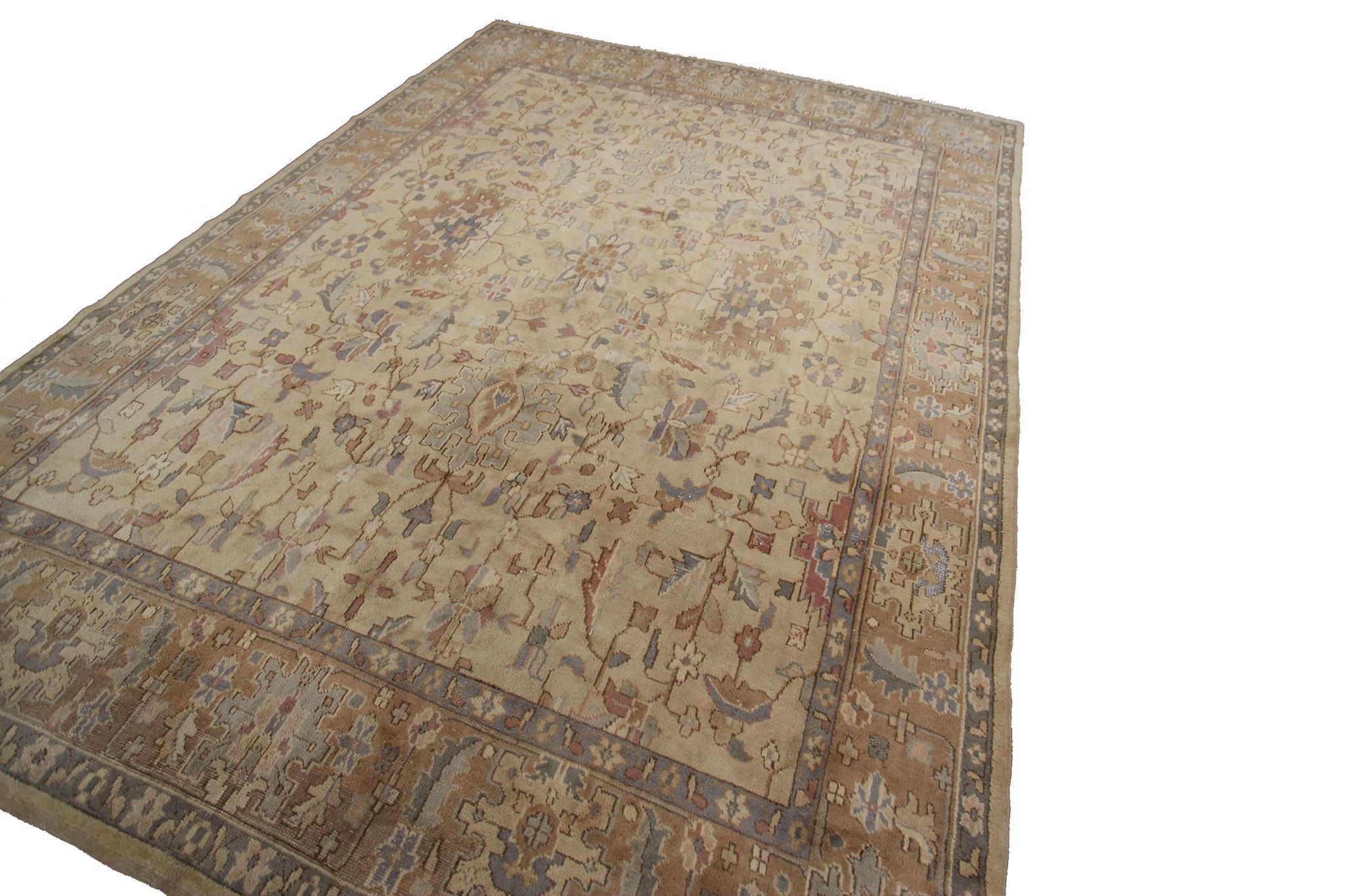 Hand-Knotted Antique Oushak Rug Oushak Antique Turkish Oushak Beige Geometric Overall For Sale