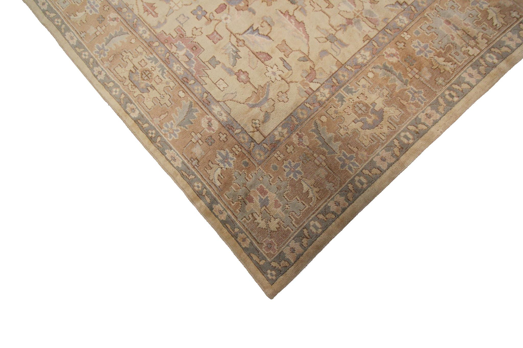 Wool Antique Oushak Rug Oushak Antique Turkish Oushak Beige Geometric Overall For Sale