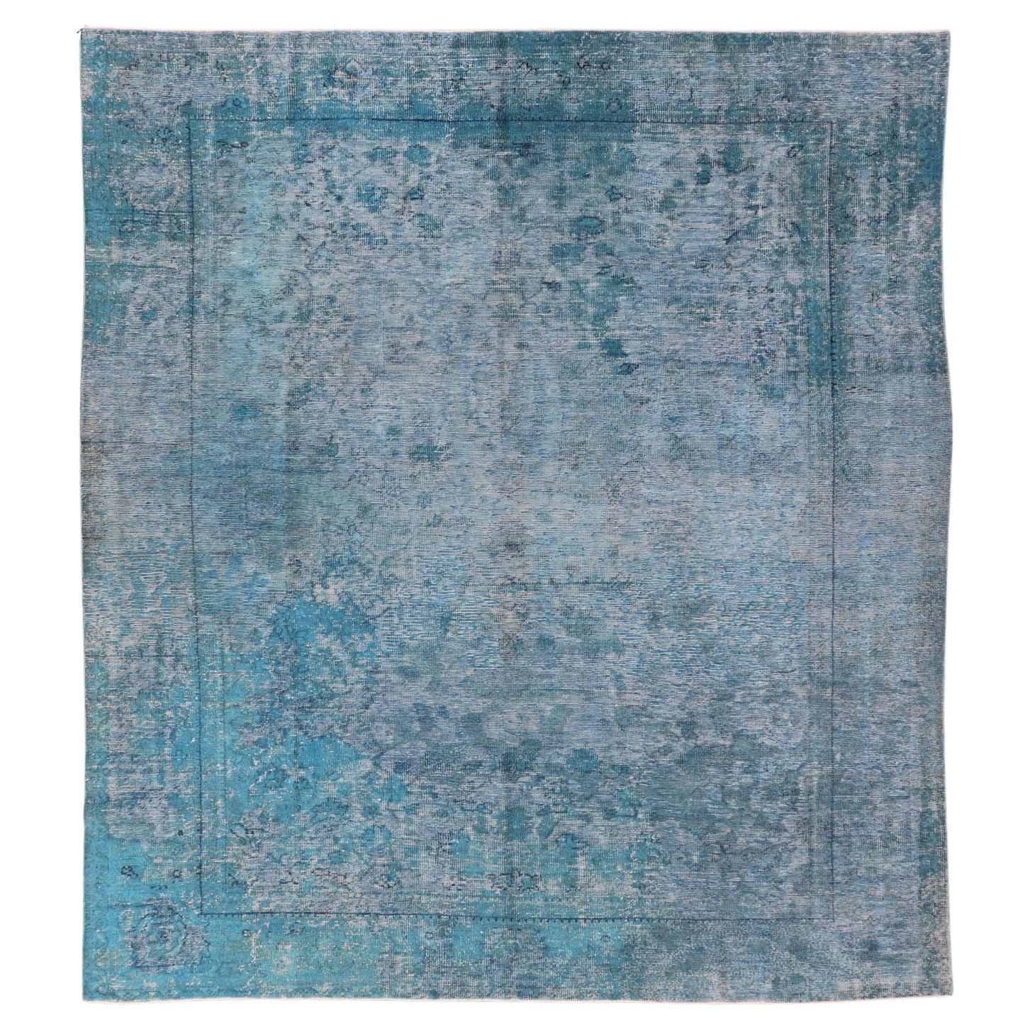 Antique Oushak Rug, Hand-Knotted Wool, Overdyed Blue, Turkey, 1920