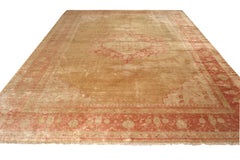 Antique Oushak Rug Red and Gold Angora-Wool Geometric Pattern