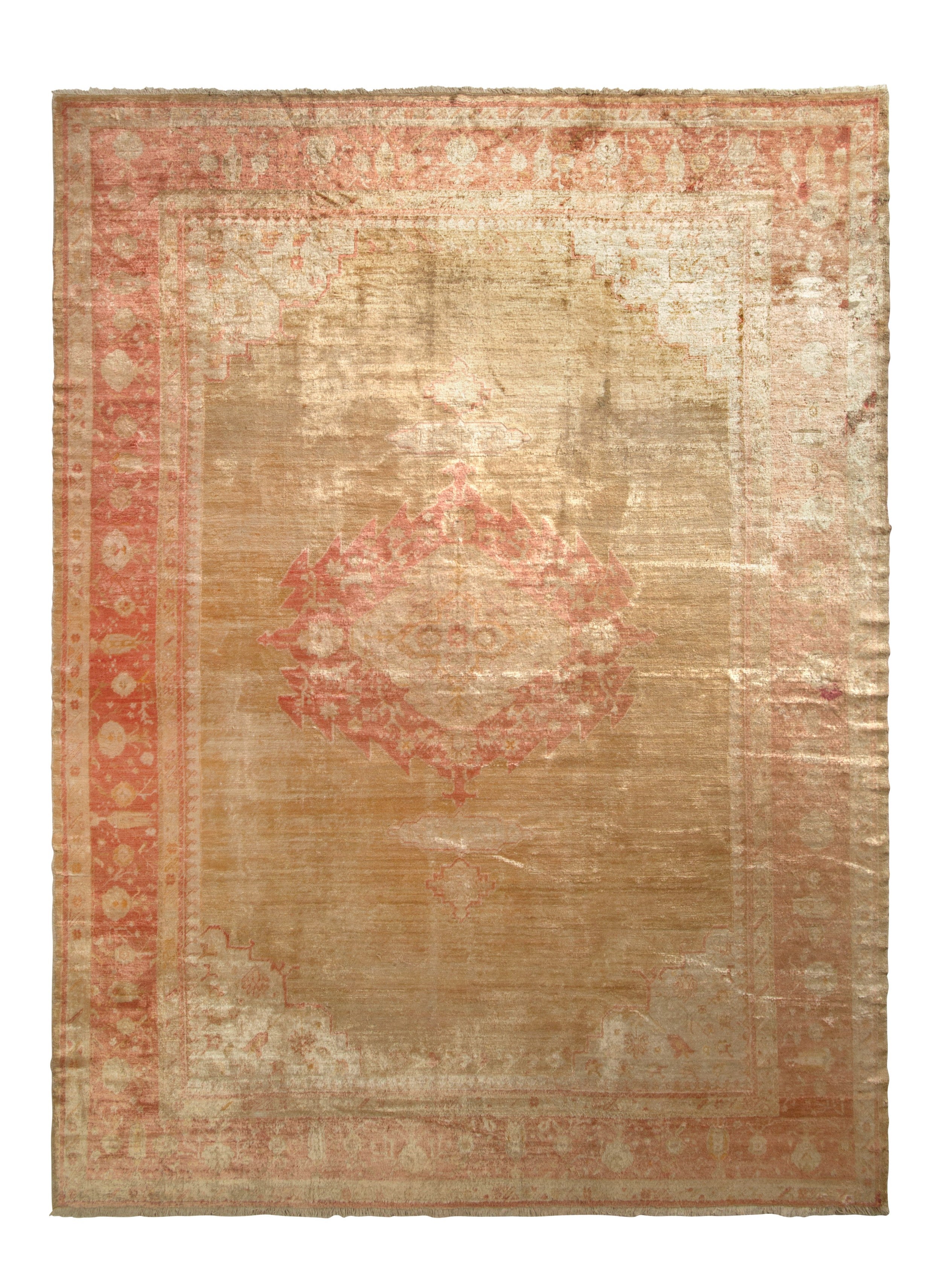 Alfombra antigua Oushak Patrón geométrico de lana de angora roja y dorada en venta