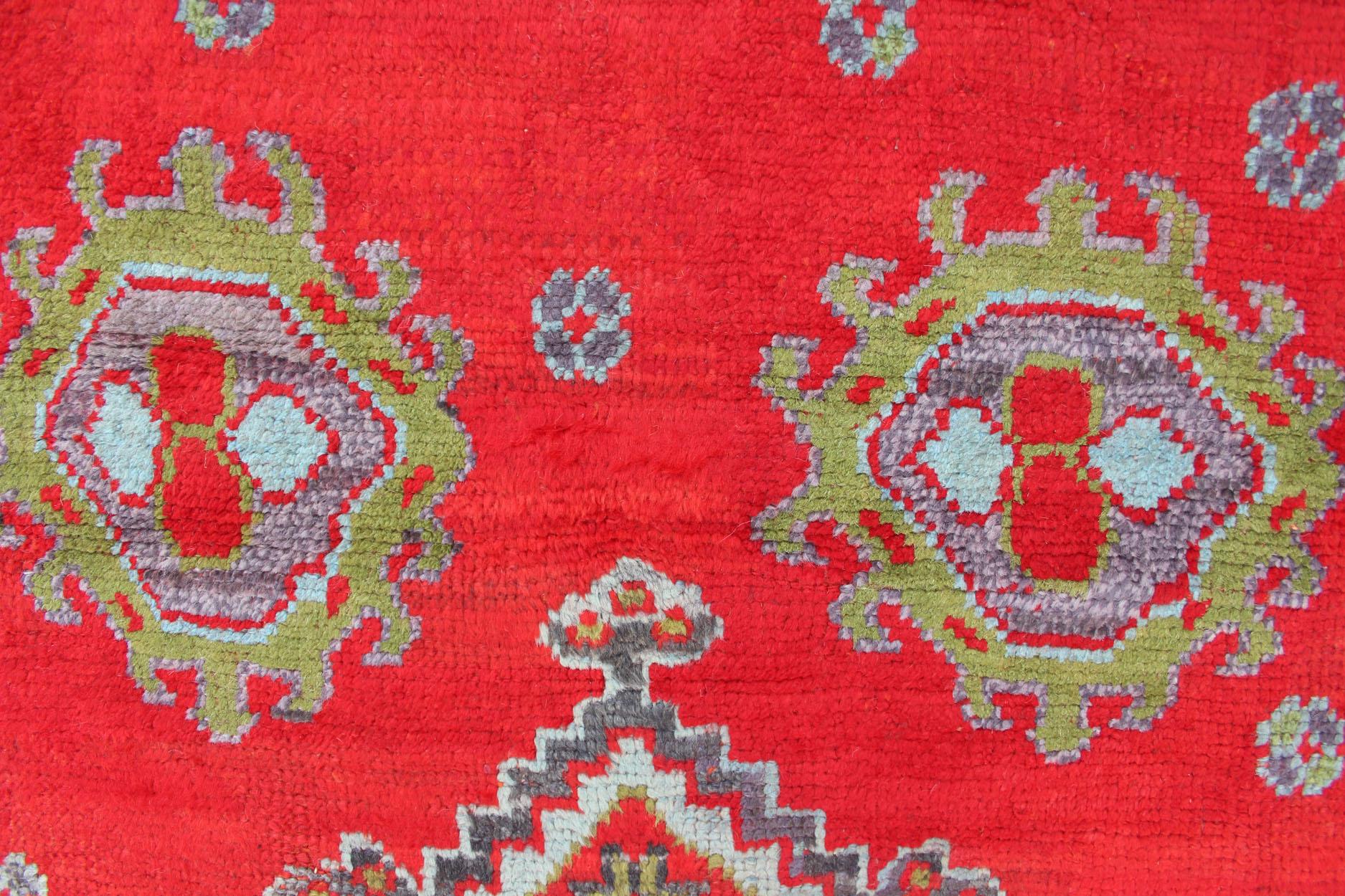 Large Antique Oushak Rug in Red, Acid Green and Ice Blue by Keivan Woven Arts For Sale 6