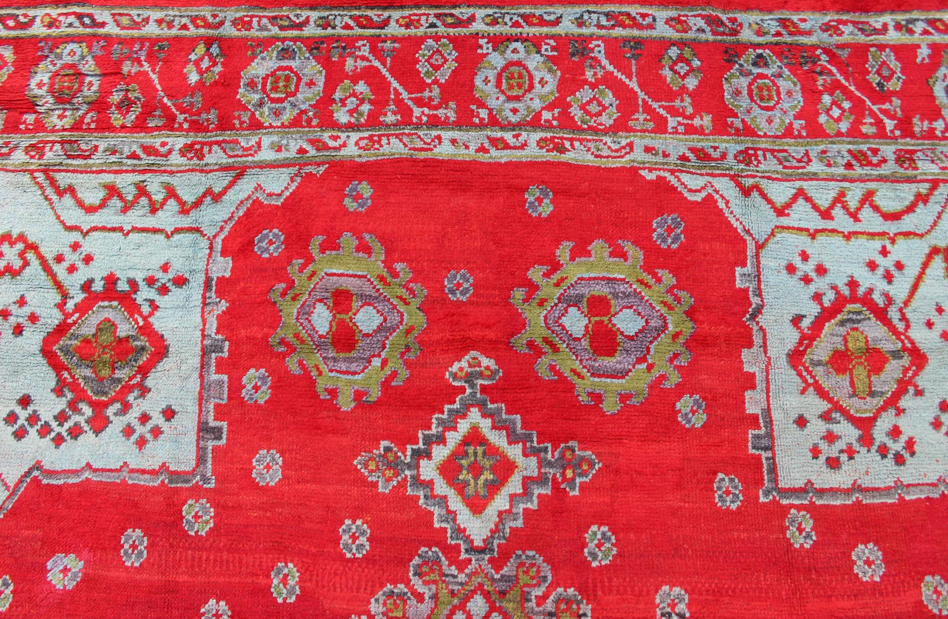 Large Antique Oushak Rug in Red, Acid Green and Ice Blue by Keivan Woven Arts For Sale 7