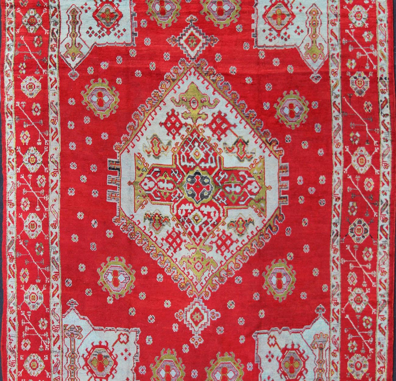 Turkish Large Antique Oushak Rug in Red, Acid Green and Ice Blue by Keivan Woven Arts For Sale