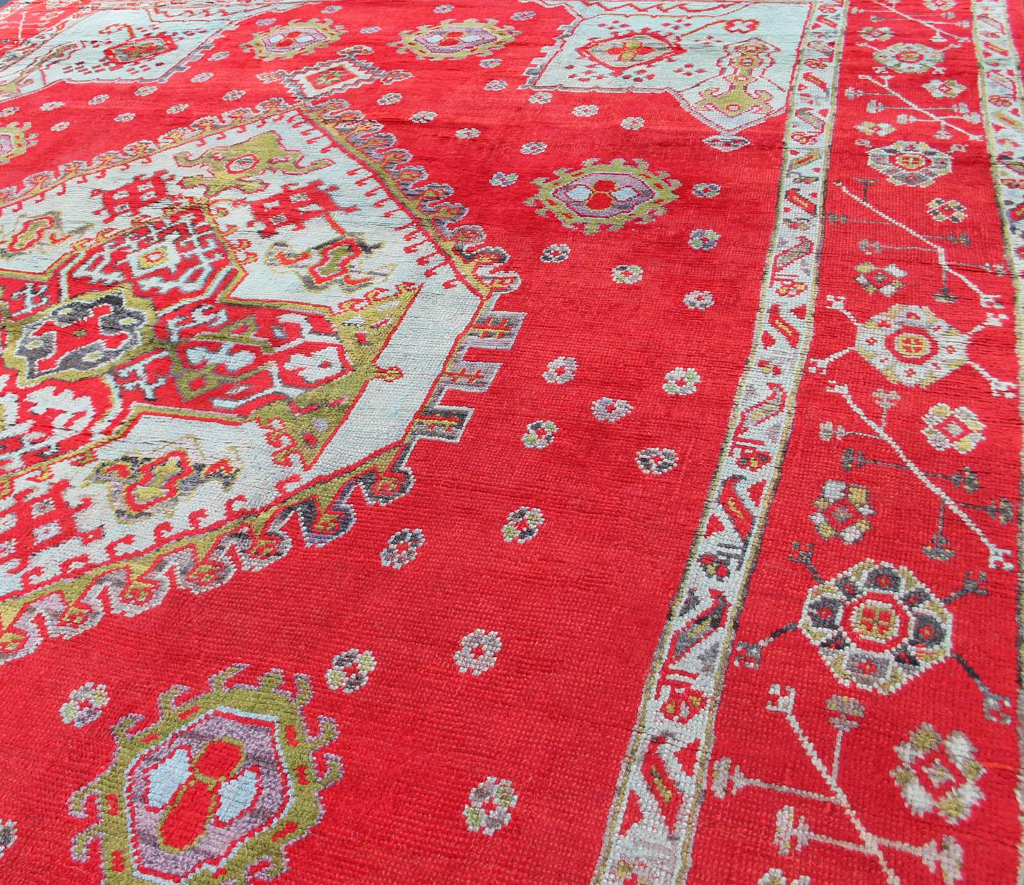 Hand-Knotted Large Antique Oushak Rug in Red, Acid Green and Ice Blue by Keivan Woven Arts For Sale