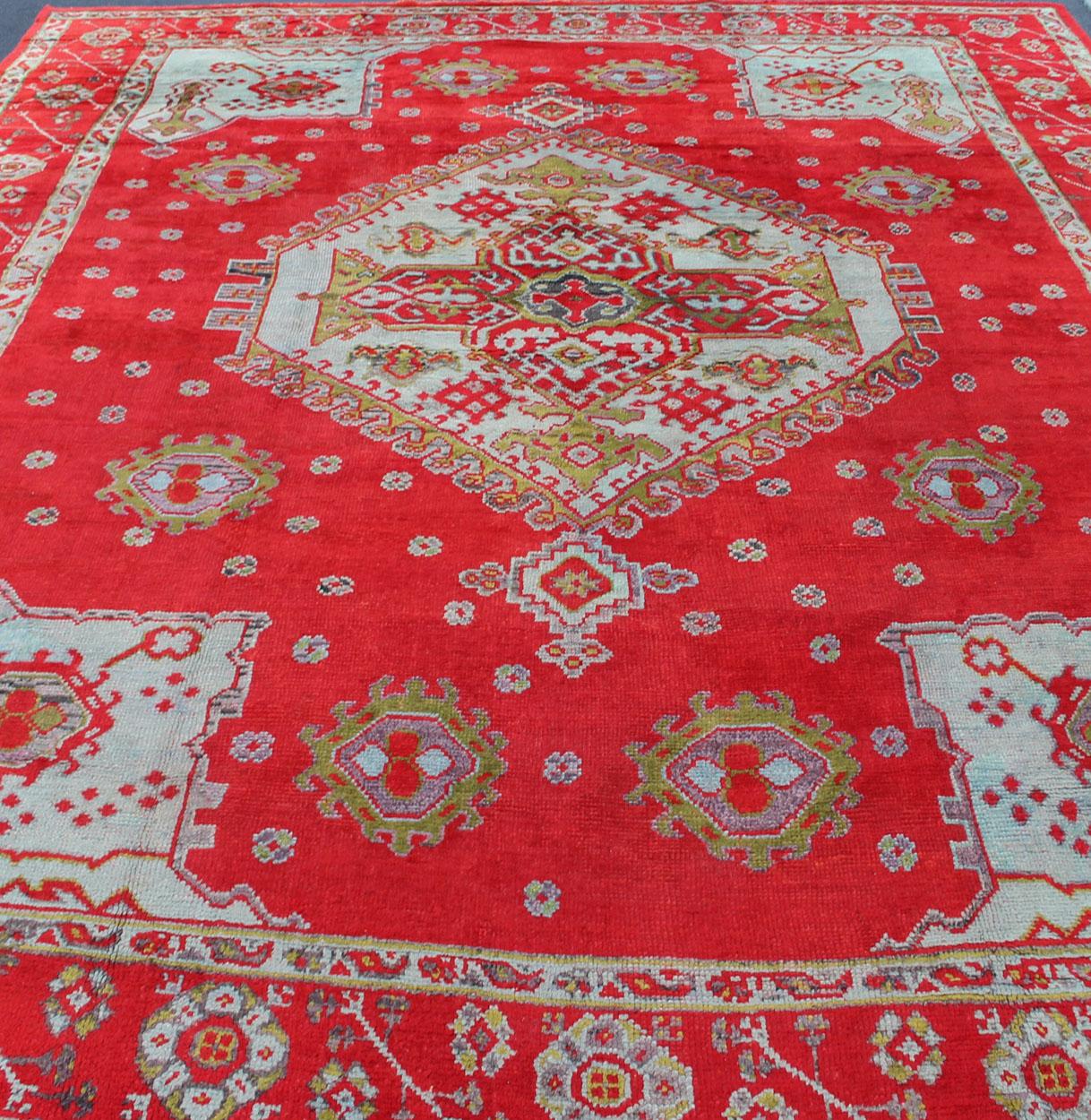 Large Antique Oushak Rug in Red, Acid Green and Ice Blue by Keivan Woven Arts In Excellent Condition For Sale In Atlanta, GA