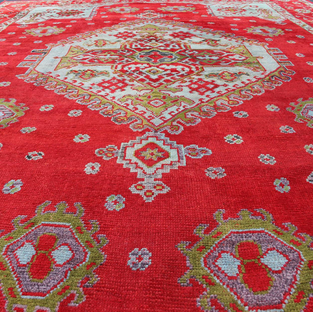 20th Century Large Antique Oushak Rug in Red, Acid Green and Ice Blue by Keivan Woven Arts For Sale