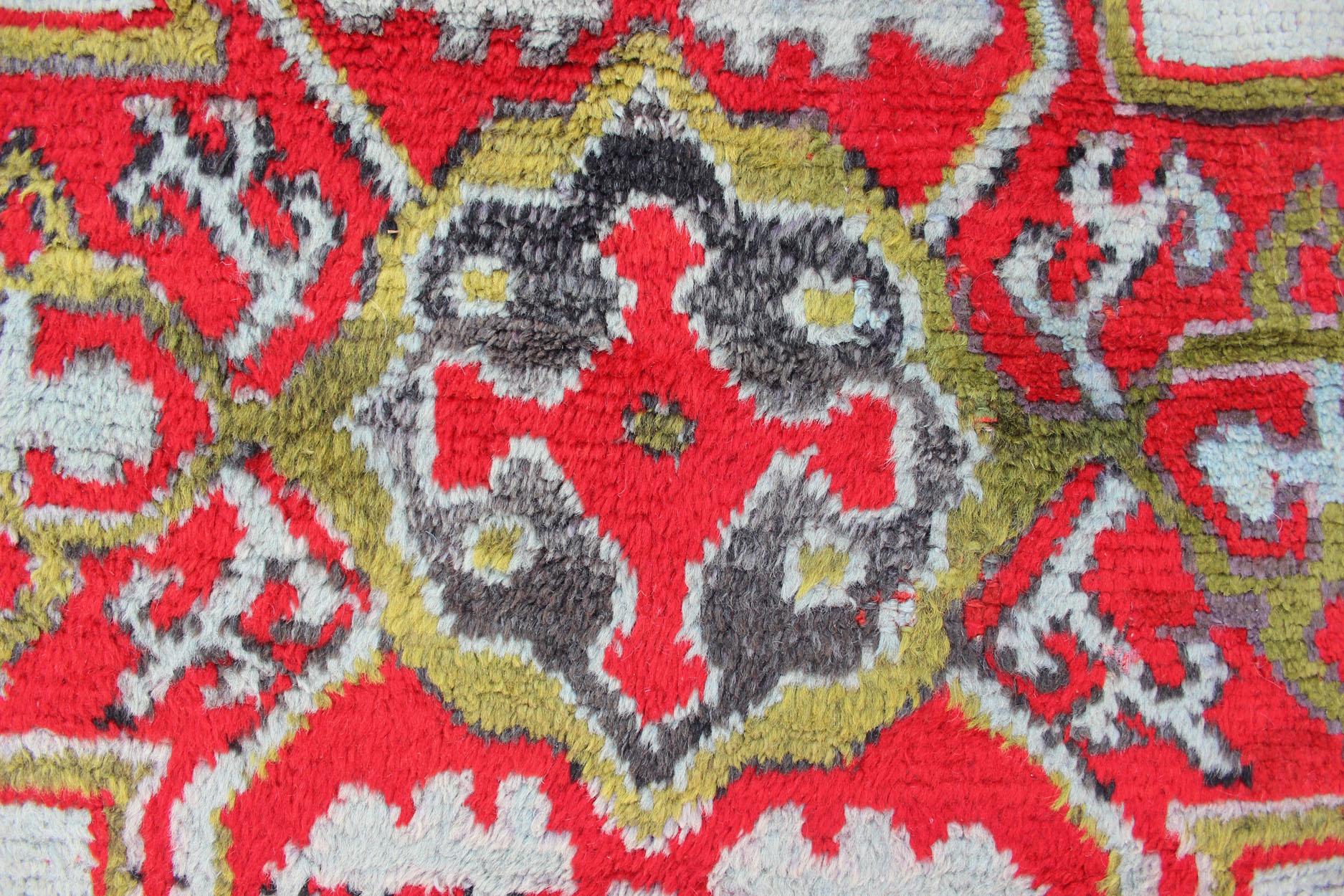 Large Antique Oushak Rug in Red, Acid Green and Ice Blue by Keivan Woven Arts For Sale 2