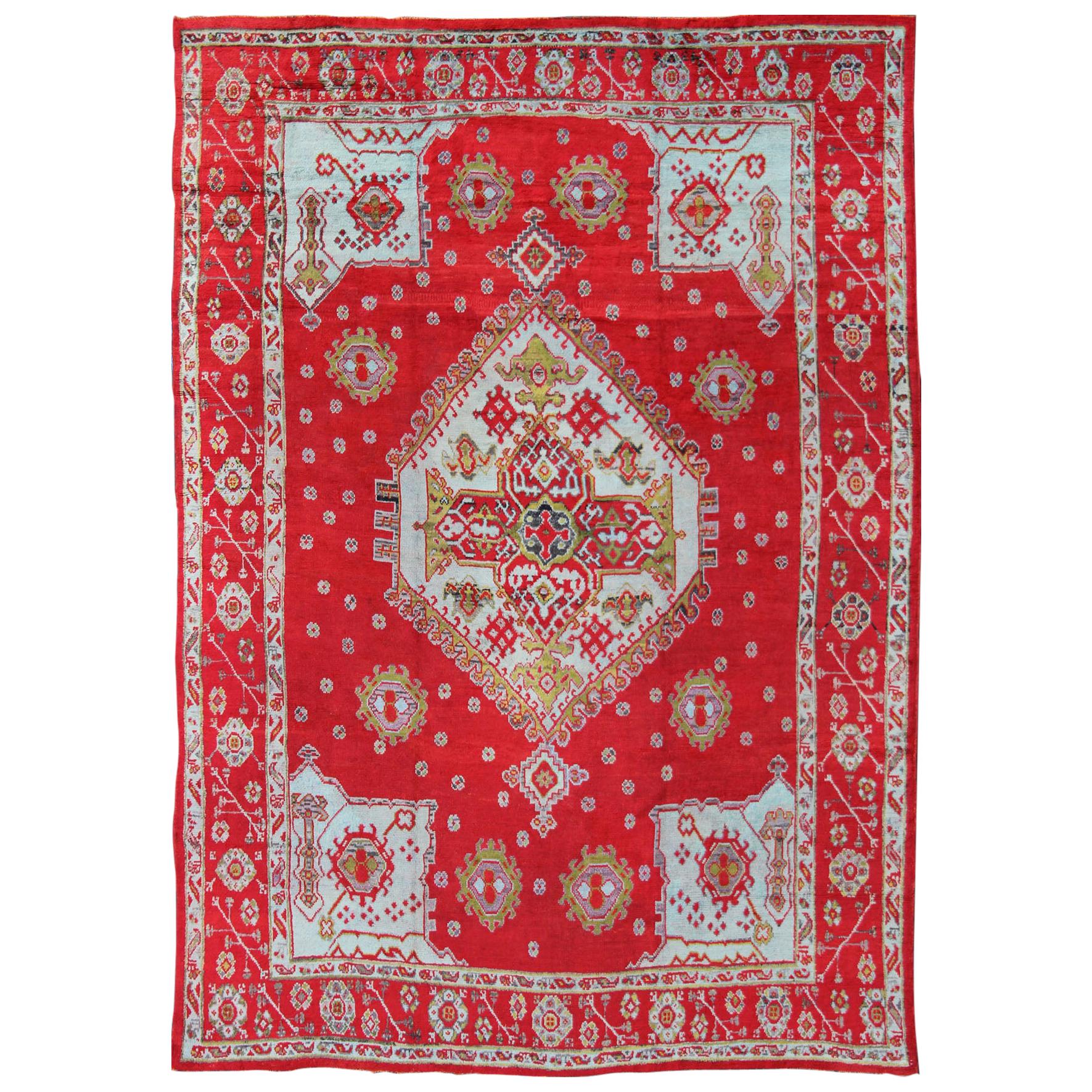 Large Antique Oushak Rug in Red, Acid Green and Ice Blue by Keivan Woven Arts For Sale