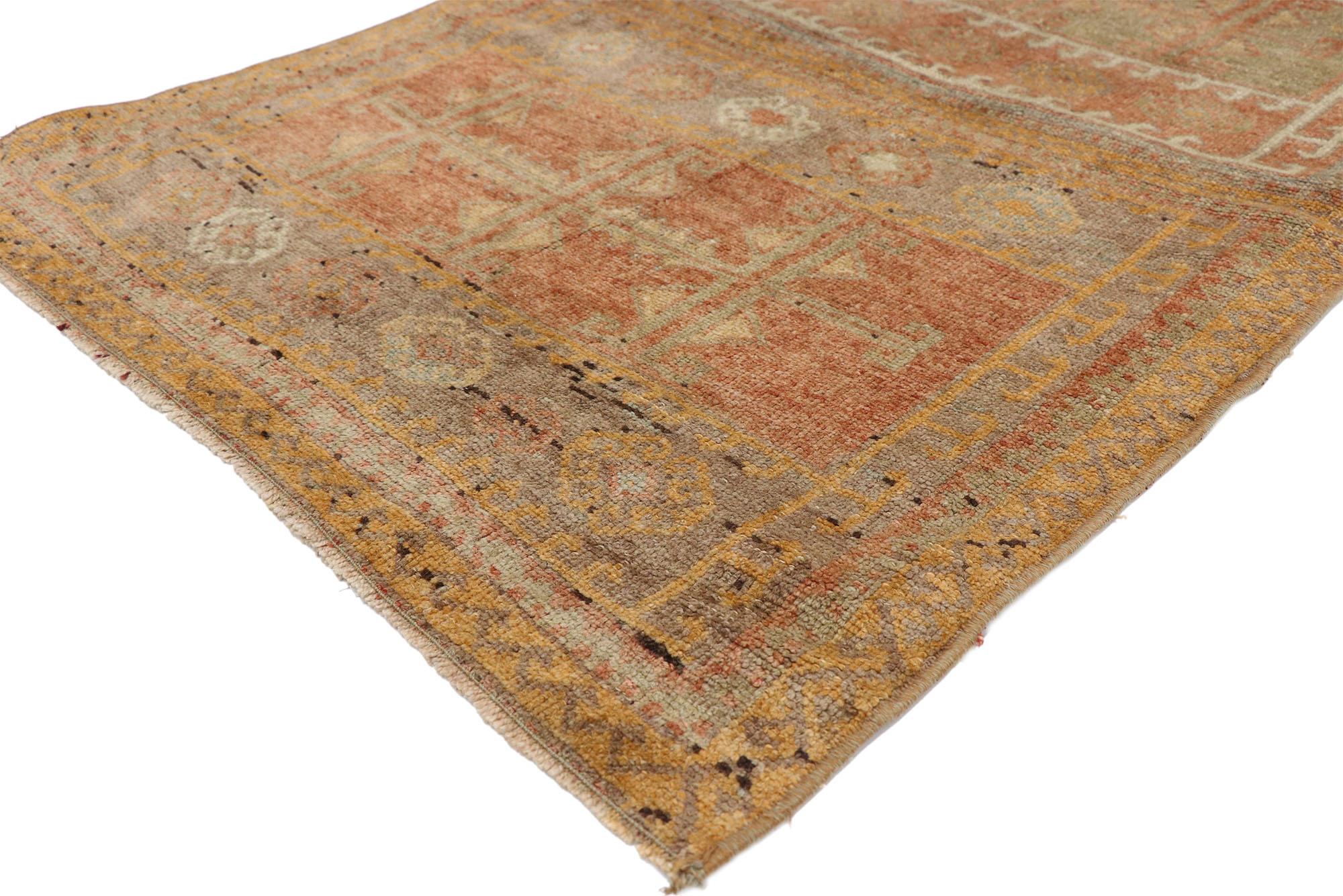 52607, antique Oushak rug with Belgian Arts & Crafts style. Highlighting modern design aesthetics and understated elegance with subdued color, this hand knotted wool antique Turkish Oushak rug beautifully embodies rustic Belgian style with an Arts &