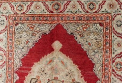 Antique Oushak Rug with Floral Medallion in Light Green, Ivory, Taupe & Red