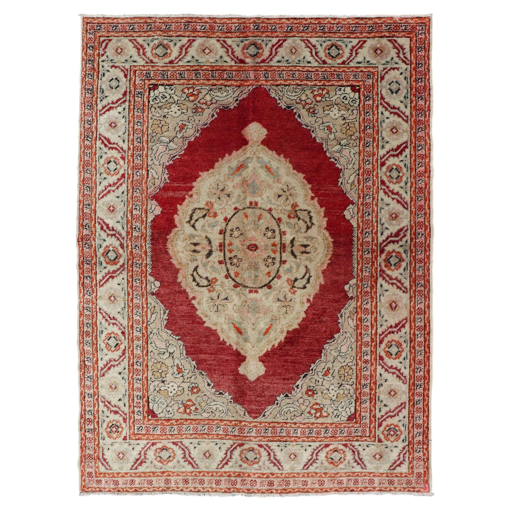 Antique Oushak Rug with Floral Medallion in Light Green, Ivory, Taupe & Red