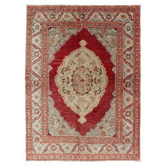 Antique Oushak Rug with Floral Medallion in Light Green, Ivory, Taupe & Red