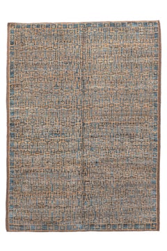 Antique Oushak Rug with Geometric Lattice Design in Blue and Gold, Circa 1920's