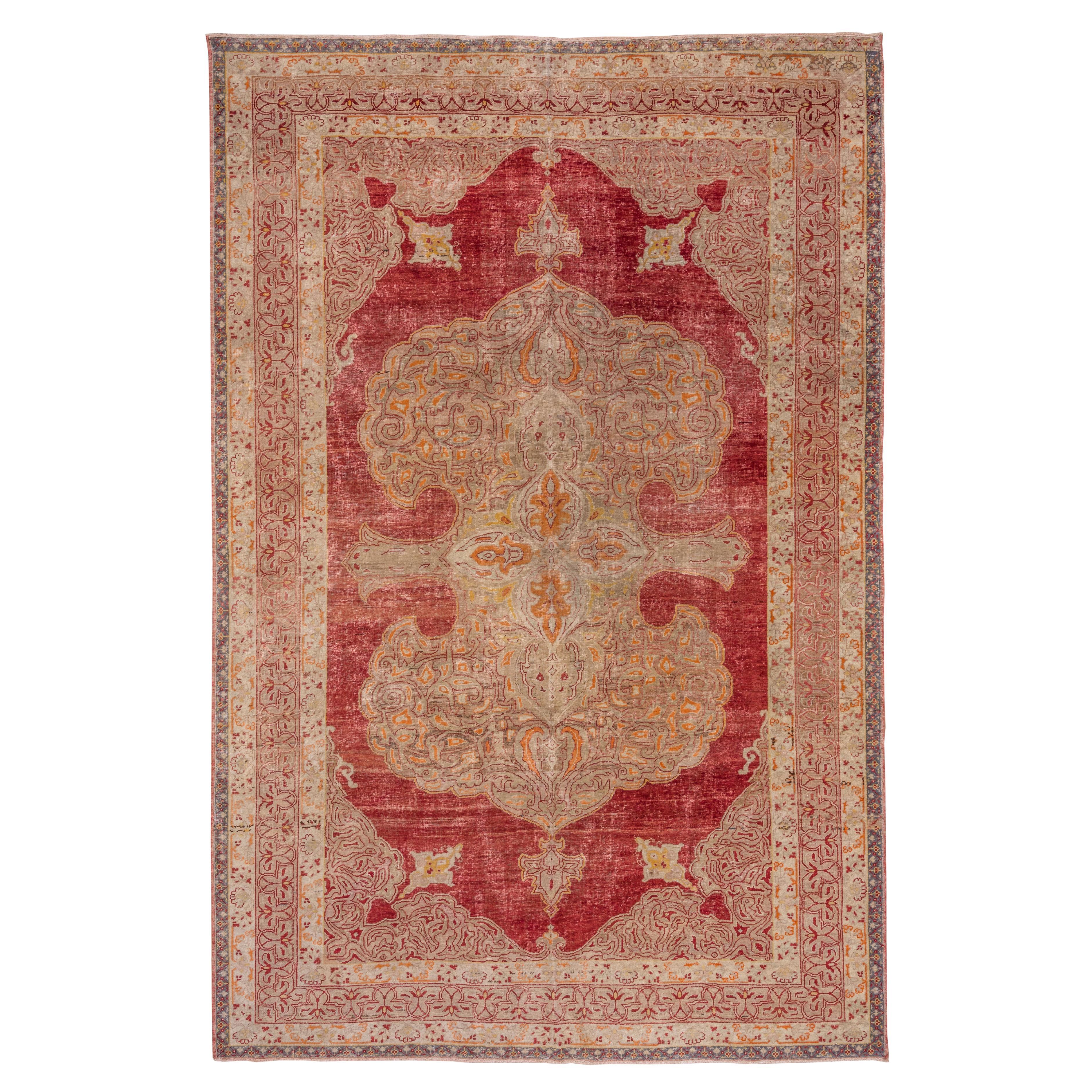Antique Oushak Rug with Red Central Medallion