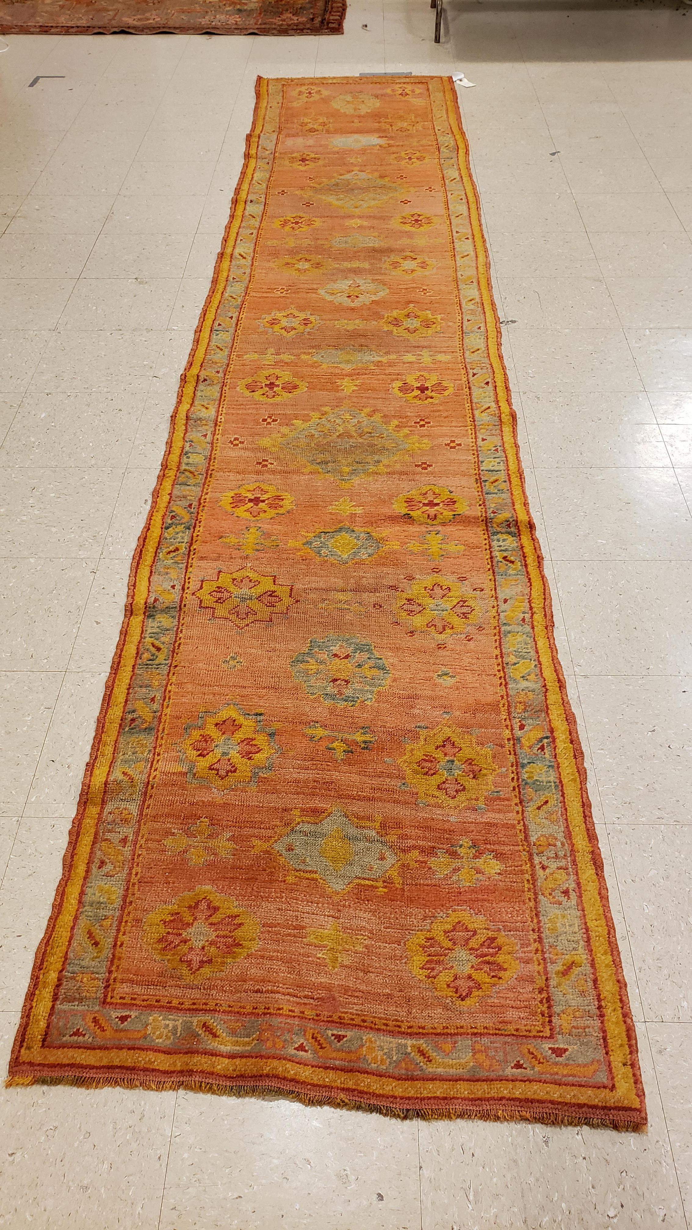 Wool Antique Oushak Runner, Turkish Oriental Rug, Handmade Peach, Yellow, Light Blue For Sale