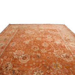 Antique Oushak Rug in Orange with Pink Floral Patterns