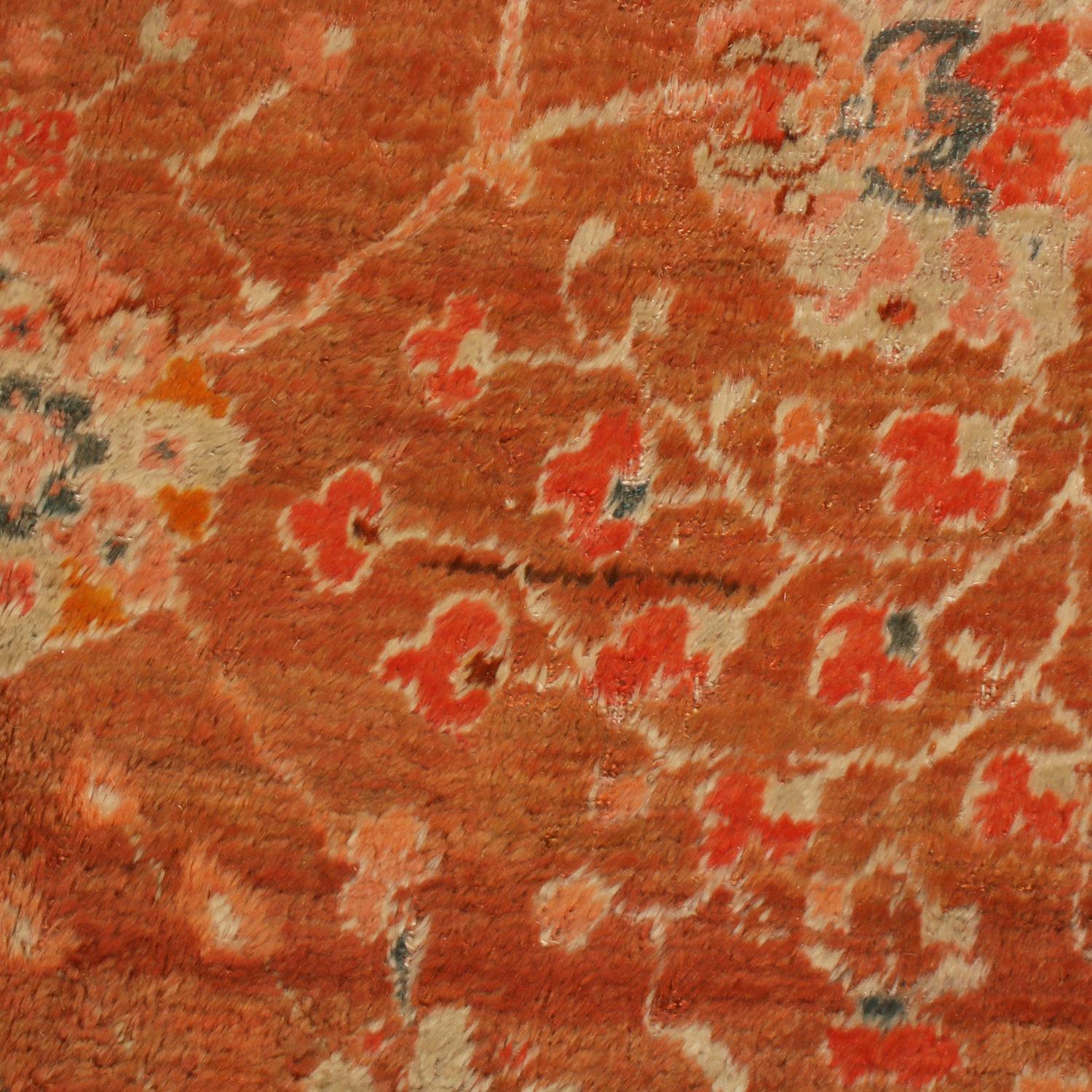 Hand-Knotted Antique Oushak Rug in Orange with Pink Floral Patterns For Sale