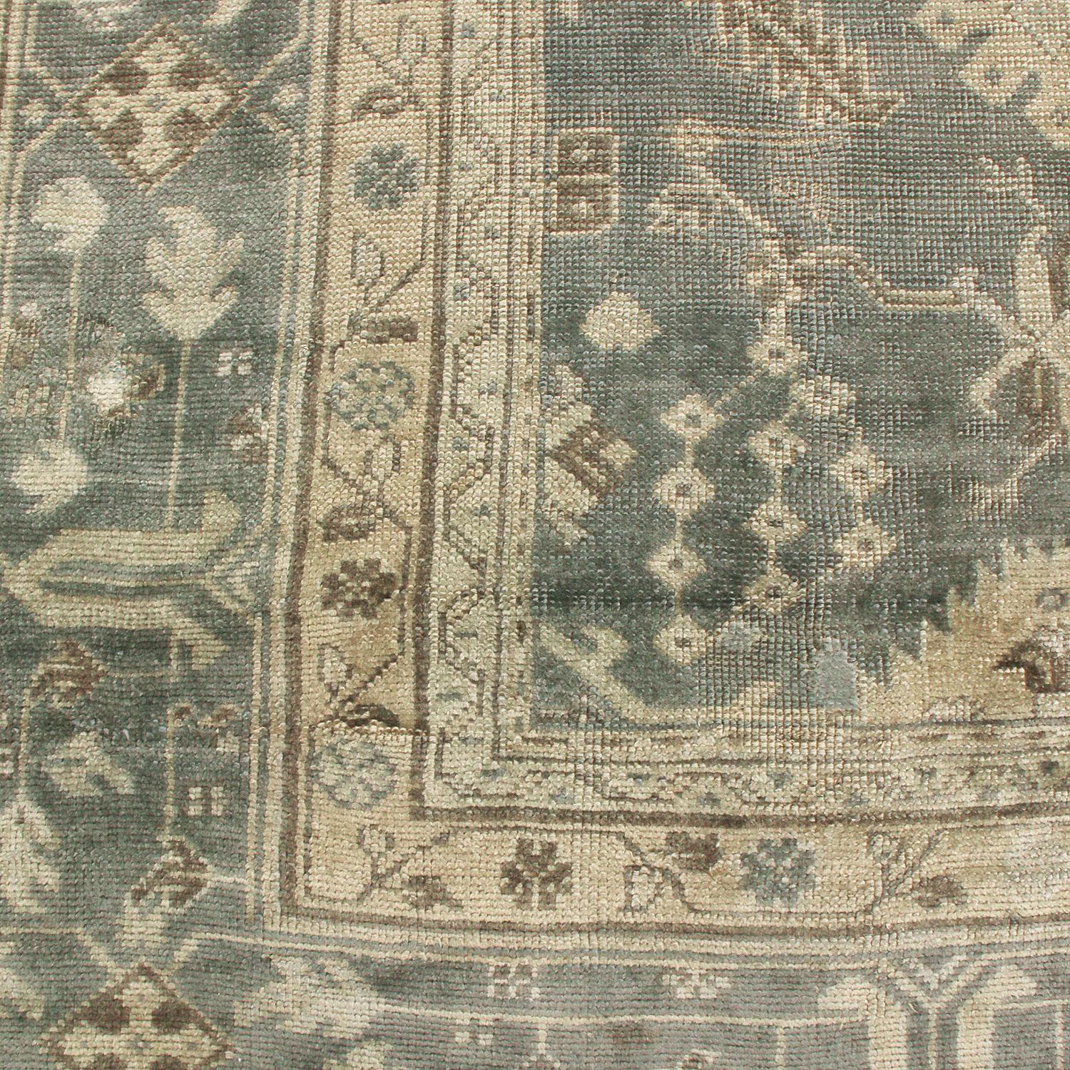 Hand-Knotted Antique Oushak Stone Blue and Tan Wool Rug