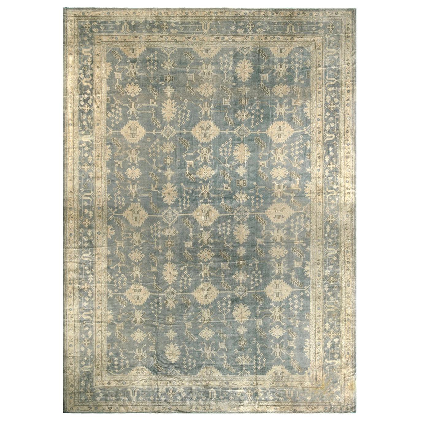 Antique Oushak Stone Blue and Tan Wool Rug