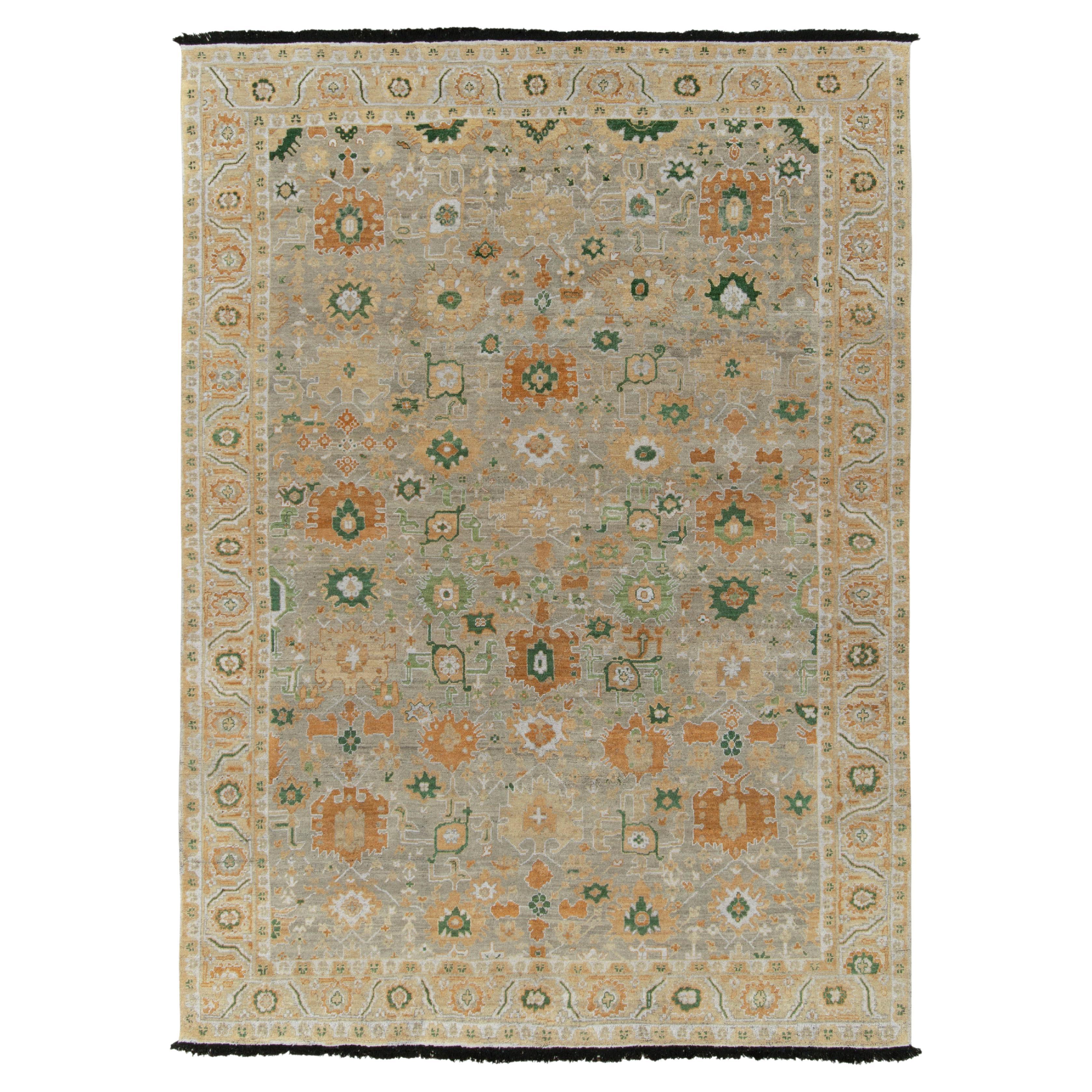 Rug & Kilim's Antique Oushak Style Rug in Grey, Green and Gold Floral Pattern For Sale