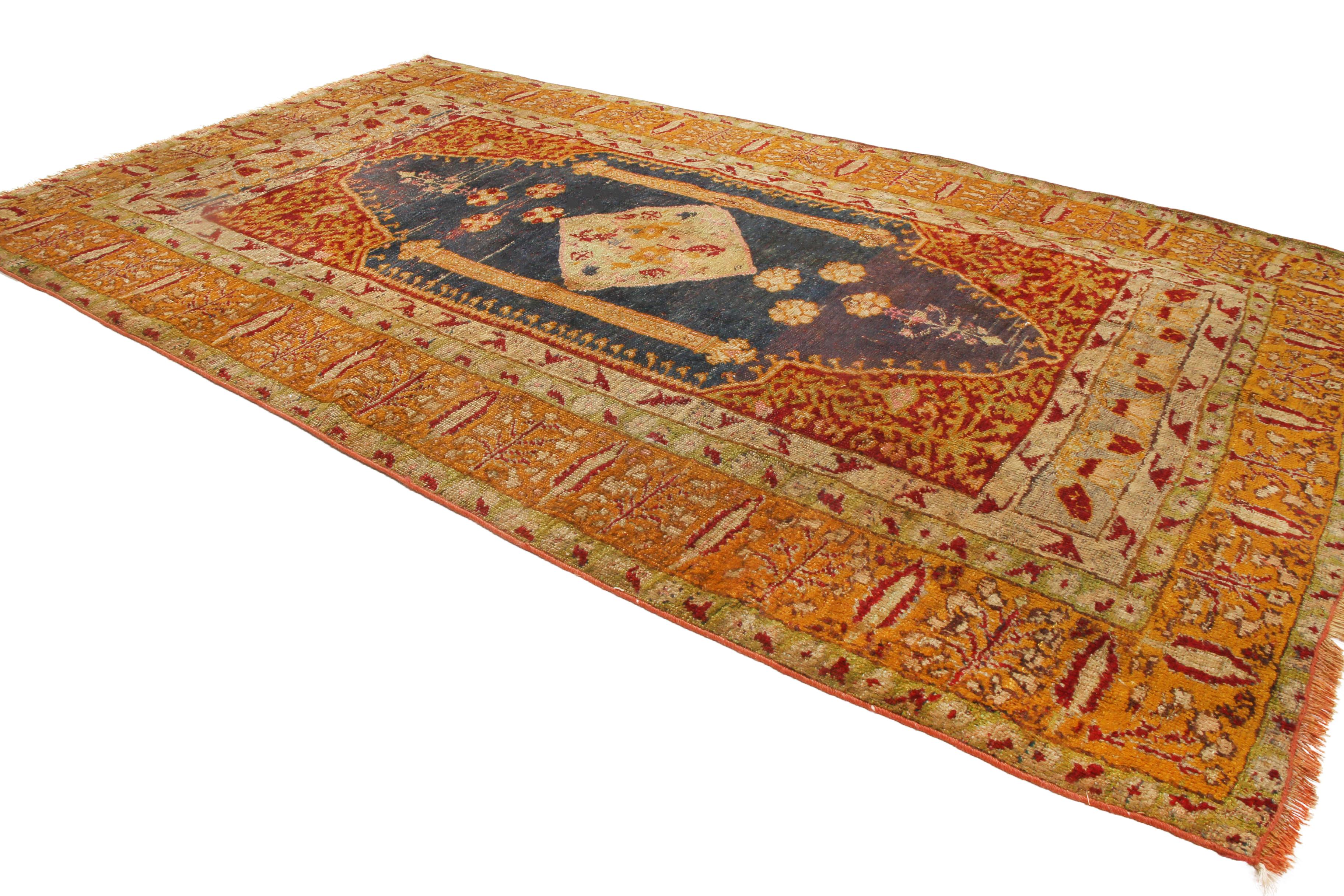 Turkish Antique Oushak Traditional Orange-Gold and Red Wool Rug