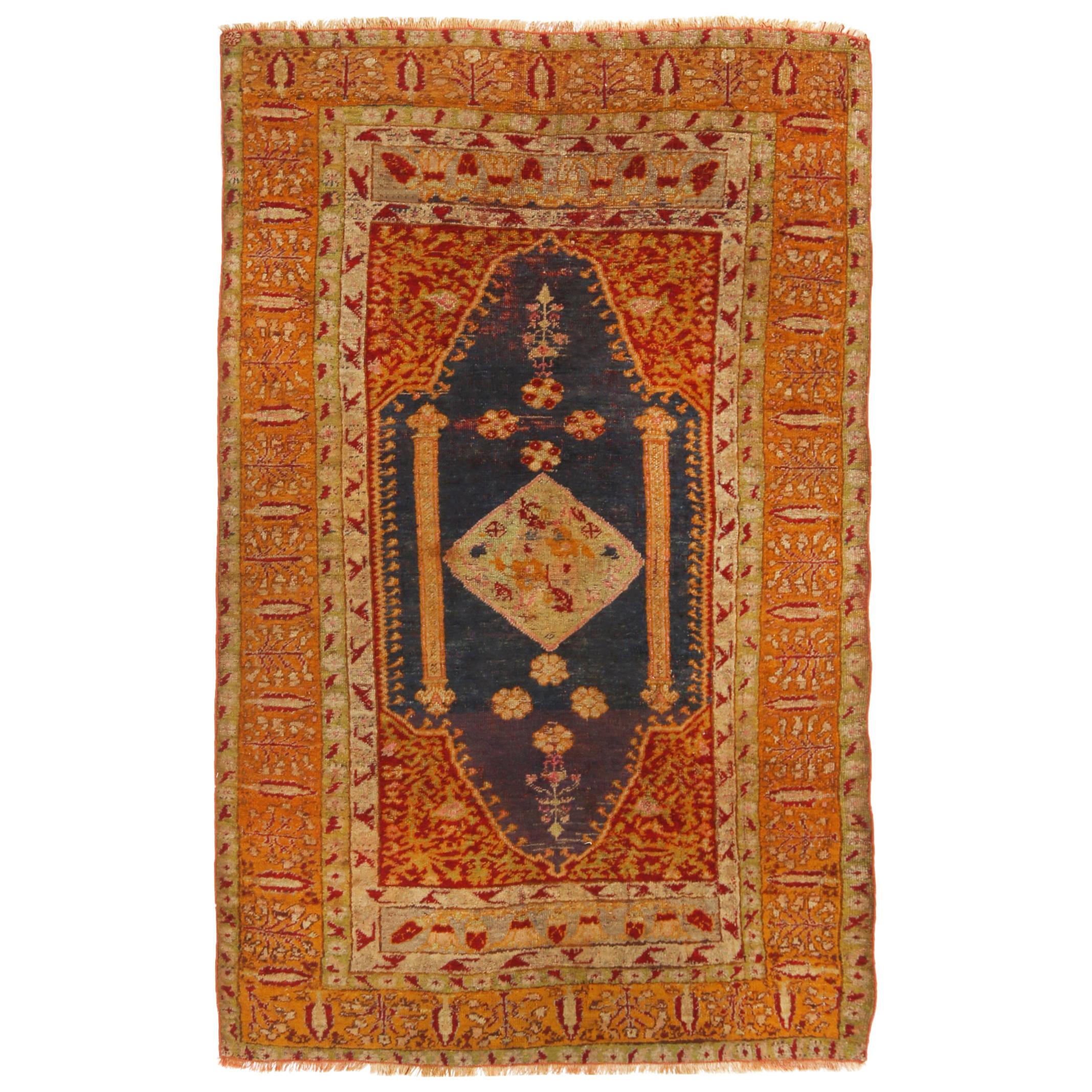 Antique Oushak Traditional Orange-Gold and Red Wool Rug